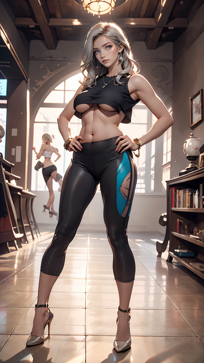 24 year old Caucasian female、Silver Hair、blue eyes、long hair、Straight Hair、Underboob top with logo((underboob top))Wear、Lower milk visible、I can see my belly button、Wear low rise leggings、Wear stiletto heels、Place your hands on your hips、Concrete wall background