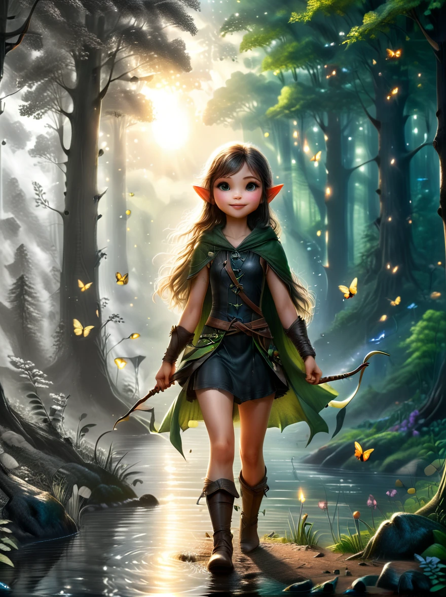 1girl, An experienced Elf Ranger embarks on a long journey of resistance, An elf wearing a leather tunic and a hooded cloak of gleaming platinum silk，Holding Elven Bow, Black Forest, A forest landscape in the background，Beautiful trees, Stream and Fireflies, panoramic, movie lighting, dramatic scene, High quality 3D rendering, fantasy, Pixar 3D character design style, (The work should transition from the black and white pencil drawing style on the left half to the bright colors on the right half, ensuring that the two halves blend seamlessly without any dividing lines. Shown with detailed black and white pencil strokes on the left and filled color on the right, creating a harmonious blend throughout the image)