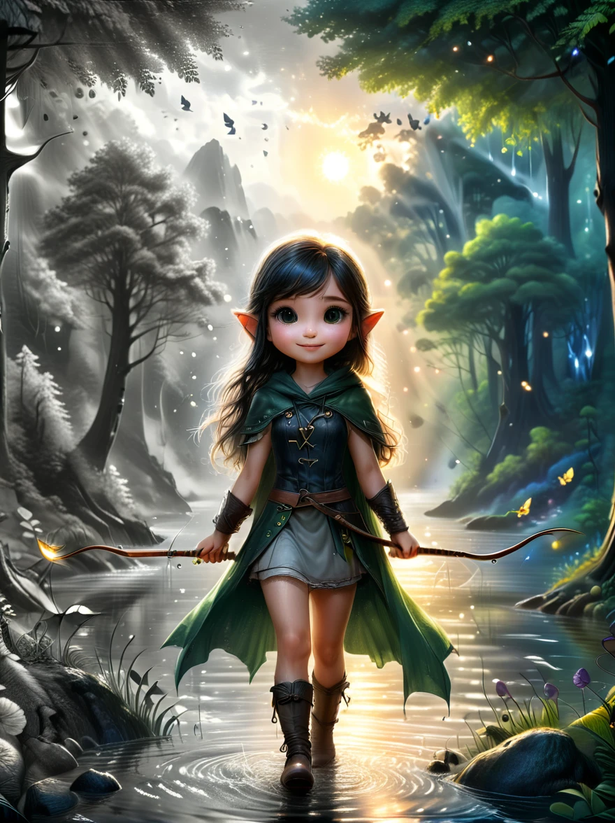 1girl, An experienced Elf Ranger embarks on a long journey of resistance, An elf wearing a leather tunic and a hooded cloak of gleaming platinum silk，Holding Elven Bow, Black Forest, A forest landscape in the background，Beautiful trees, Stream and Fireflies, panoramic, movie lighting, dramatic scene, High quality 3D rendering, fantasy, Pixar 3D character design style, (The work should transition from the black and white pencil drawing style on the left half to the bright colors on the right half, ensuring that the two halves blend seamlessly without any dividing lines. Shown with detailed black and white pencil strokes on the left and filled color on the right, creating a harmonious blend throughout the image)