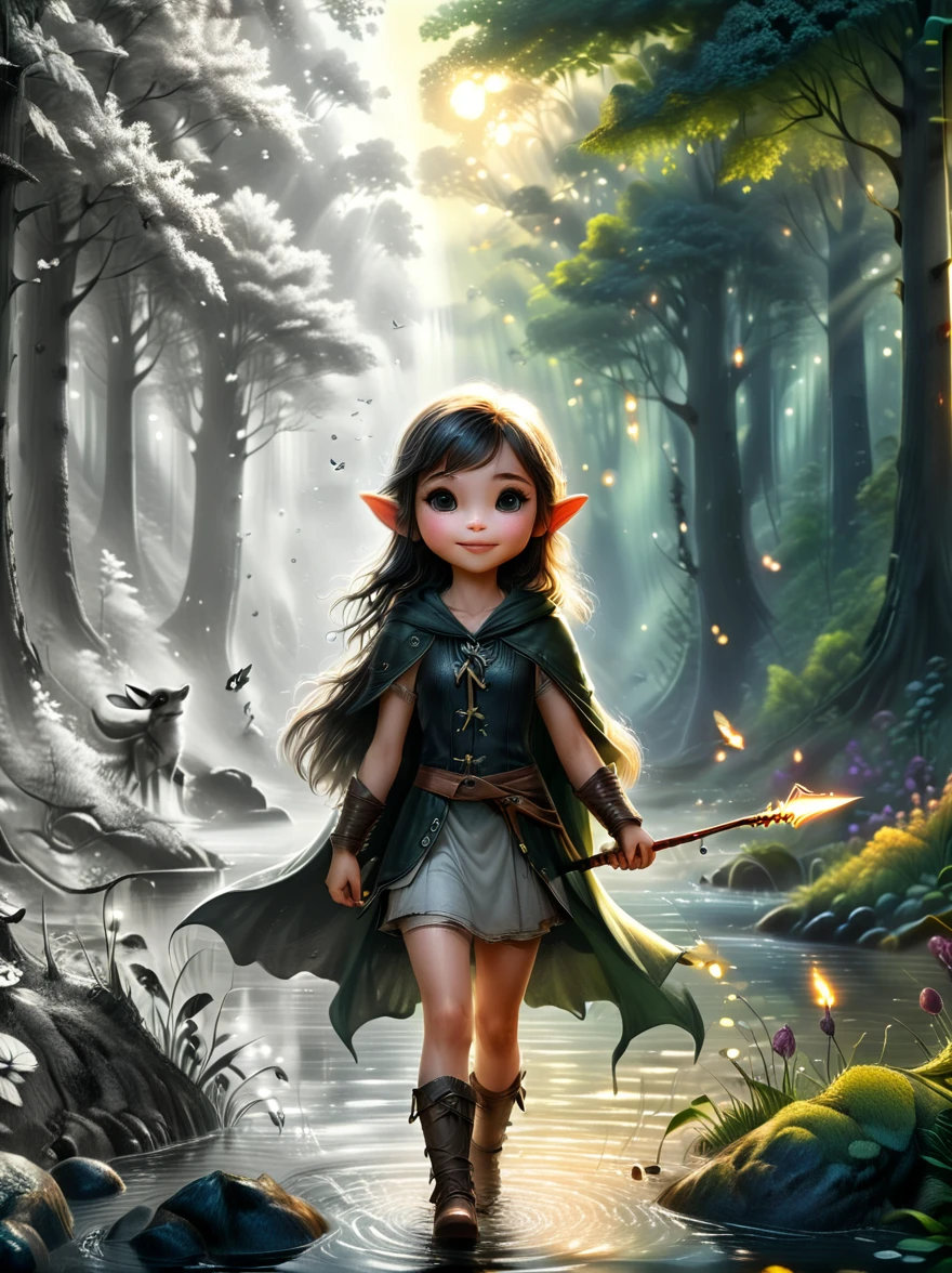 1girl, An experienced Elf Ranger embarks on a long journey of resistance, An elf wearing a leather tunic and a hooded cloak of gleaming platinum silk，Holding Elven Bow, Black Forest, A forest landscape in the background，Beautiful trees, Stream and Fireflies, panoramic, movie lighting, dramatic scene, High quality 3D rendering, fantasy, Pixar 3D character design style, (The work should transition from the black and white pencil drawing style on the left half to the bright colors on the right half, ensuring that the two halves blend seamlessly without any dividing lines. Shown with detailed black and white pencil strokes on the left and filled color on the right, creating a harmonious blend throughout the image)