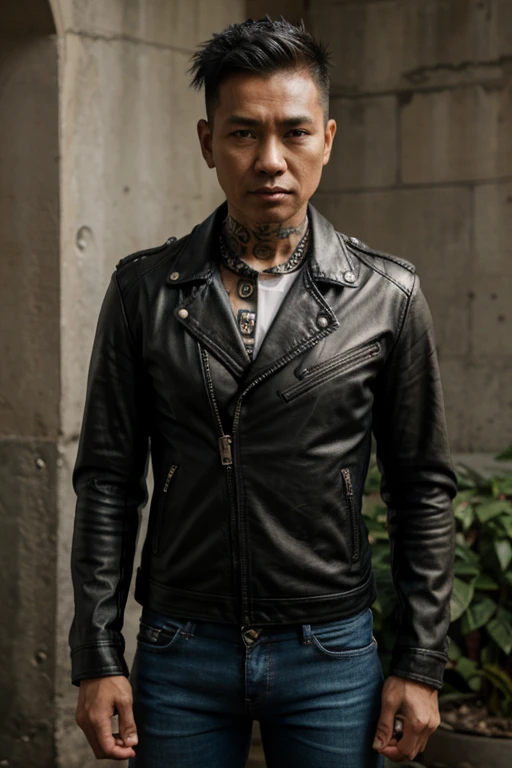 1man, indonesian, spike hair, 40 years old, skiny, leather jacket, tight jeans, punk, pierching in the ear