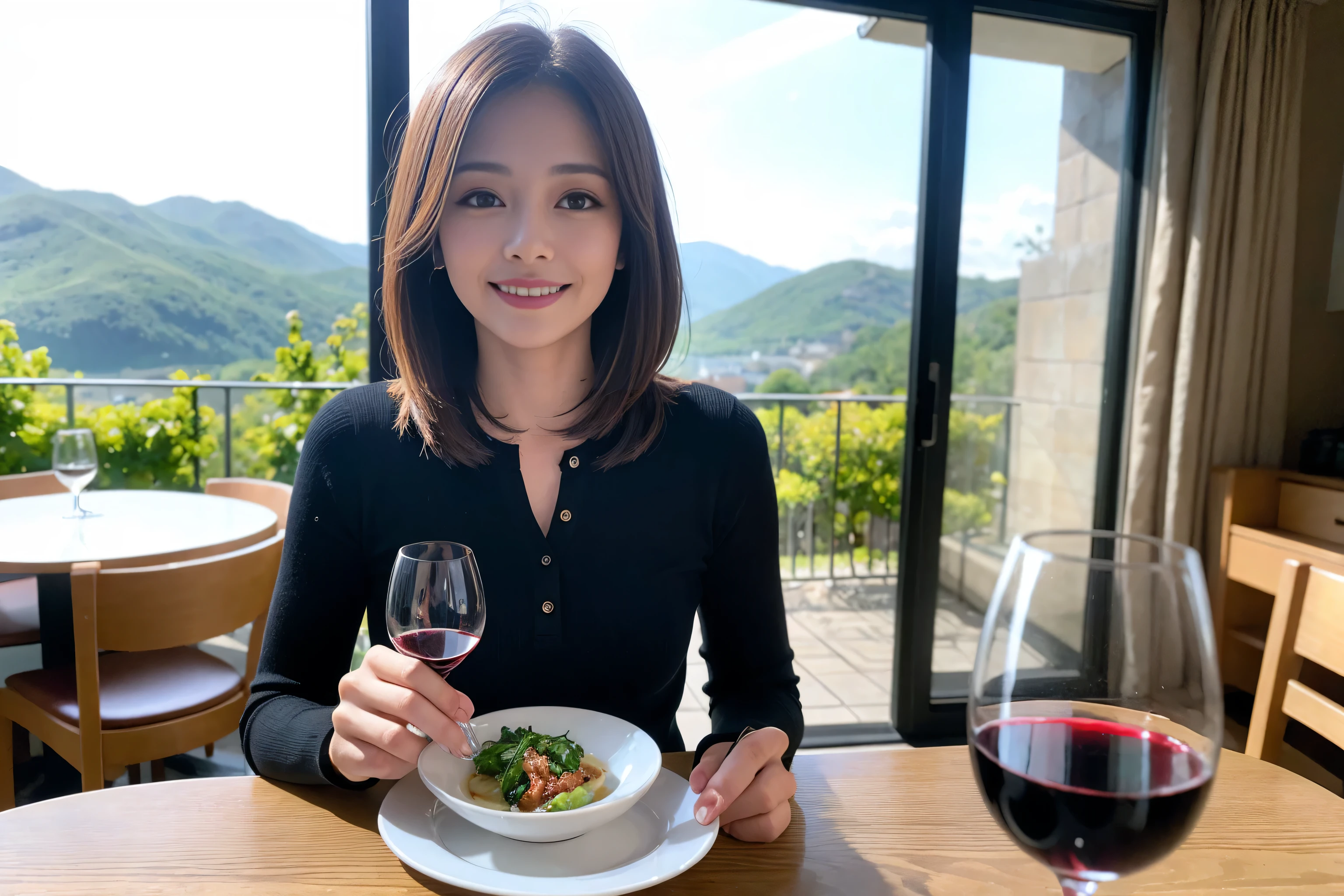((highest quality、8k、masterpiece:1.3))、1 male、1 woman who resembles Satomi Ishihara、Couple、Spouse、Couple、The body is slim、((Bob Hale、Straight hair:1.2)), (Realistic, Intricate details:1.2), Wine glass on the table、Put the light on your face、 Amazing view of the sunset sky and clouds、Amazing mountain views、A bright smile、The wonderfulness of smile、Bright image、The beauty of wine, Beautiful Face, blue eyes, The light shines on your face, Blushing, short hair,Bright Face、 (Age 42), 39 years old, red wine 、Appetizers、Italian food、Wine bottle、Champagne、sparkling wine、Two beauties、Brown Hair、Shortcuts、Long sleeve shirt、dress、Pretty Woman 1, (Slim face), (The body is slim), (Brown Hair), (Shortcuts), cheeks turn a little red,Attractive beauty、restaurant, In a prominent place (From the waist up) Nova Frog Style, actress, model, Upper Body, White wine, slim, wine glass, A wine glass placed in the center, smile, (smile: 1.15), Beautiful fine grain, Depth f/2,saturation, High Contrast, Strong light and shadow,Moist Body:1.5、3D texture、Delicate eyes、Brown Hair、The hair is very shiny、