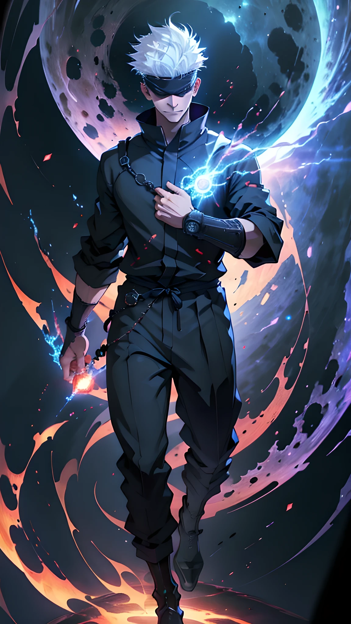 1boy, full body shot, perfect fingers, satoru gojo, blindfold, black outfit, white hair, battle pose, red energy void in right,blue energy void in left, smirk, red and blue moon background, wallpaper, cinematic,High resolution 8K, Bright light illumination, lens flare, sharpness, masterpiece, top-quality, The ultra -The high-definition, high resolution, extremely details CG, Anime style, Film Portrait Photography,