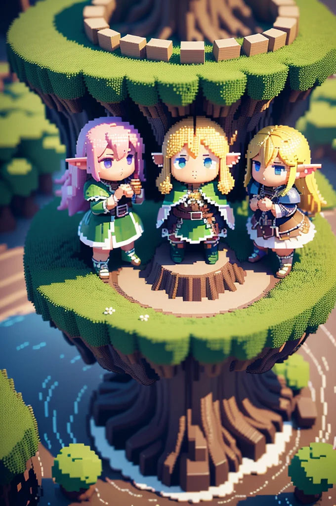 voxels,(3d big pixel art),(3d pixel art:1.2), (many elves\((chibi:1.5),living daily life,eating food,washing clothes,talking each other,living on Yggdrasil\)),background\(Yggdrasil\(very huge tree,elf settlement\),forrest,beautiful lake around Yggdrasil\), BREAK ,quality\(8k,wallpaper of extremely detailed CG unit, ​masterpiece,hight resolution,top-quality,top-quality real texture skin,hyper realisitic,increase the resolution,RAW photos,best qualtiy,highly detailed,the wallpaper,cinematic lighting,ray trace,golden ratio\),isometric view,(3d pixel art),