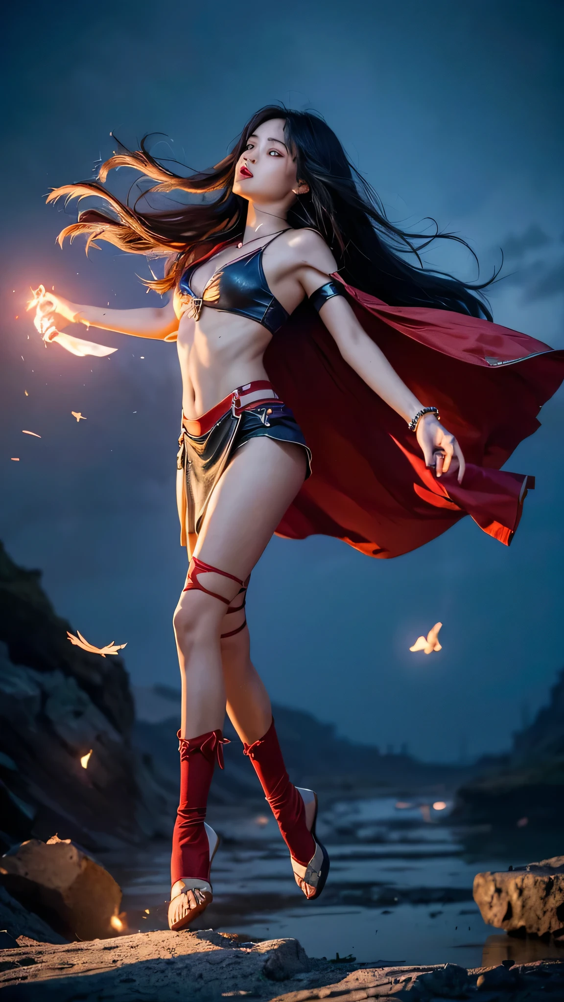 Highest quality、Highest quality、Masterpiece、girl((18-year-old、as soon as、Highest Bust、Medium Bust、Wide open chest、Red glowing eyes、Black Ear、Red Mesh、Disheveled Hair、Loincloth、thin、The best valley、Open chest、Red Cape、hair ornaments、Full body view、short trousers、shortTshirt、Random Pause))、high quality、Beautiful Art、background((military base))、flight、Flying Debris、Depth of text、movie、Visual Arts、Perfect Art、8K、Genuine、Special Angles