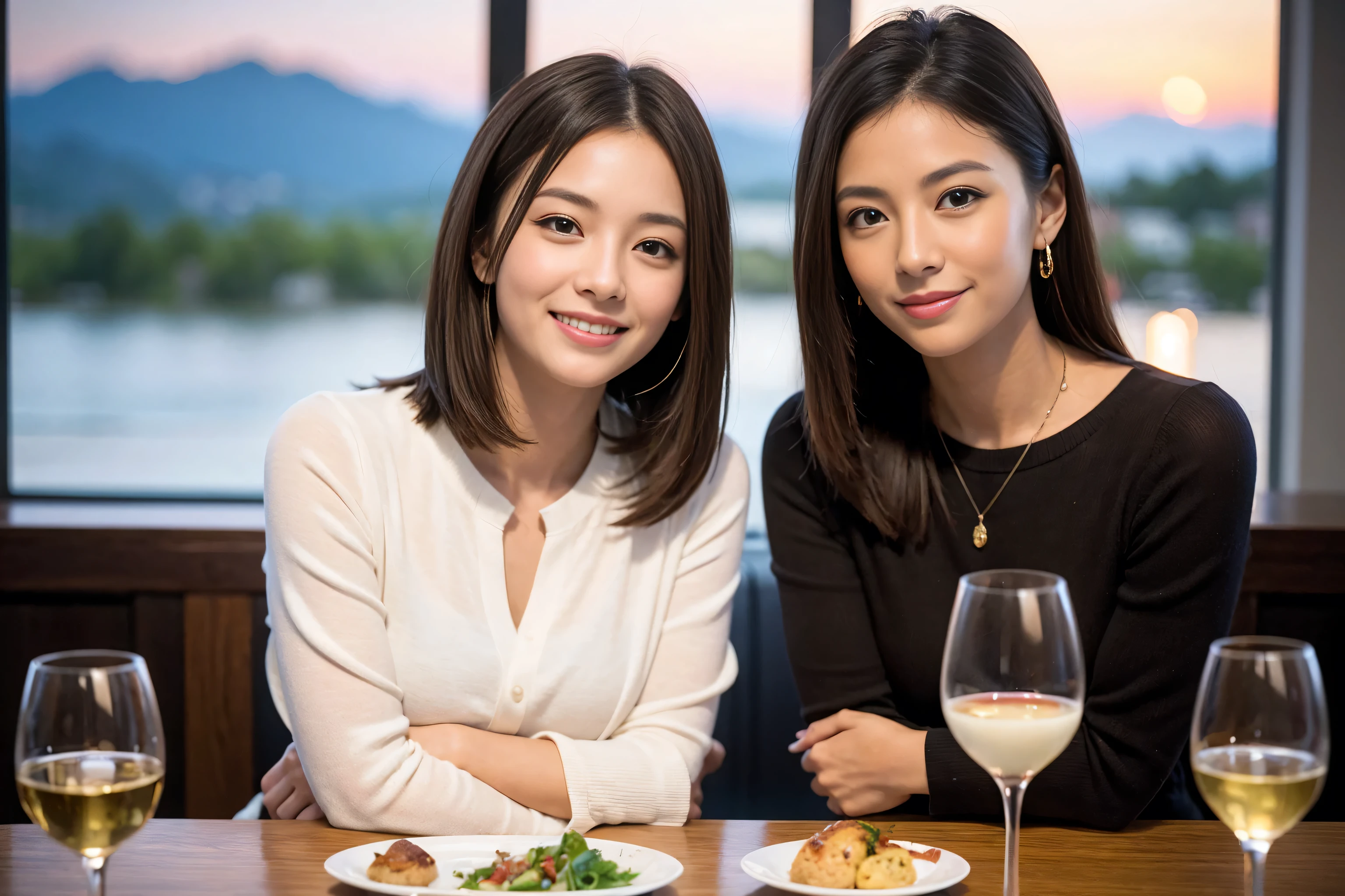 ((highest quality、8k、masterpiece:1.3))、1 male、1 woman who resembles Satomi Ishihara、Couple、Spouse、Couple、The body is slim、((Bob Hale、Straight hair:1.2)), (Realistic, Intricate details:1.2), Wine glass on the table、Put the light on your face、 Amazing view of the sunset sky and clouds、Amazing mountain views、A bright smile、The wonderfulness of smile、Bright image、The beauty of wine, Beautiful Face, blue eyes, The light shines on your face, Blushing, short hair,Bright Face、 (Age 42), 39 years old, red wine 、Appetizers、Italian food、Wine bottle、Champagne、sparkling wine、Two beauties、Brown Hair、Shortcuts、Long sleeve shirt、dress、Pretty Woman 1, (Slim face), (The body is slim), (Brown Hair), (Shortcuts), cheeks turn a little red,Attractive beauty、restaurant, In a prominent place (From the waist up) Nova Frog Style, actress, model, Upper Body, White wine, slim, wine glass, A wine glass placed in the center, smile, (smile: 1.15), Beautiful fine grain, Depth f/2,saturation, High Contrast, Strong light and shadow,Moist Body:1.5、3D texture、Delicate eyes、Brown Hair、The hair is very shiny、
