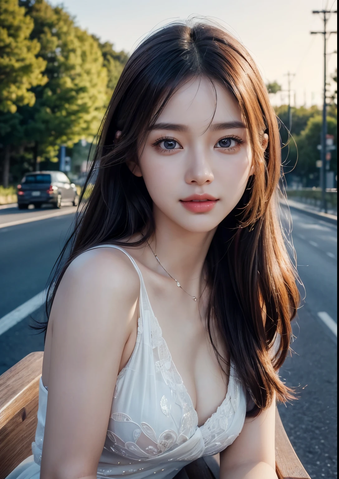 beautiful detailed Korean girl, 18 years youngest girl, beautiful detailed eyes, beautiful detailed lips, extremely detailed face and eyes, long eyelashes, delicate features, elegant pose, standing beside beautiful highway road, flower trees beside highway, cinematic lighting, vibrant colors, photorealistic, 8k, (best quality,4k,8k,highres,masterpiece:1.2),ultra-detailed,(realistic,photorealistic,photo-realistic:1.37), UHD, beautiful face, realistic face, realistic skin, realistic smile, realistic atmosphere, every thing is realistic, cutest smile, realistic body, realistic body language, realistic hands, realistic arms, realistic hand fingers, realistic legs, standing, upper body shot, cute face, stylish look, stylish angles,