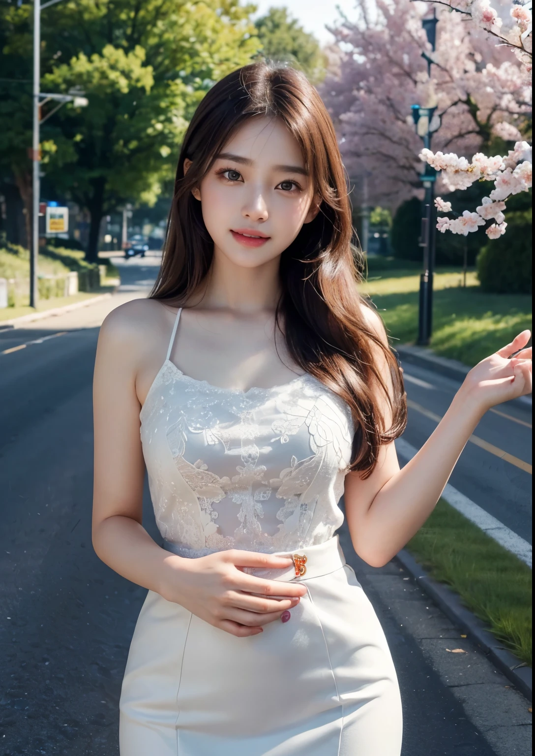 beautiful detailed Korean girl, 18 years youngest girl, beautiful detailed eyes, beautiful detailed lips, extremely detailed face and eyes, long eyelashes, delicate features, elegant pose, standing beside beautiful highway road, flower trees beside highway, cinematic lighting, vibrant colors, photorealistic, 8k, (best quality,4k,8k,highres,masterpiece:1.2),ultra-detailed,(realistic,photorealistic,photo-realistic:1.37), UHD, beautiful face, realistic face, realistic skin, realistic smile, realistic atmosphere, every thing is realistic, cutest smile, realistic body, realistic body language, realistic hands, realistic arms, realistic hand fingers, realistic legs, standing, upper body shot, cute face, stylish look, stylish angles,