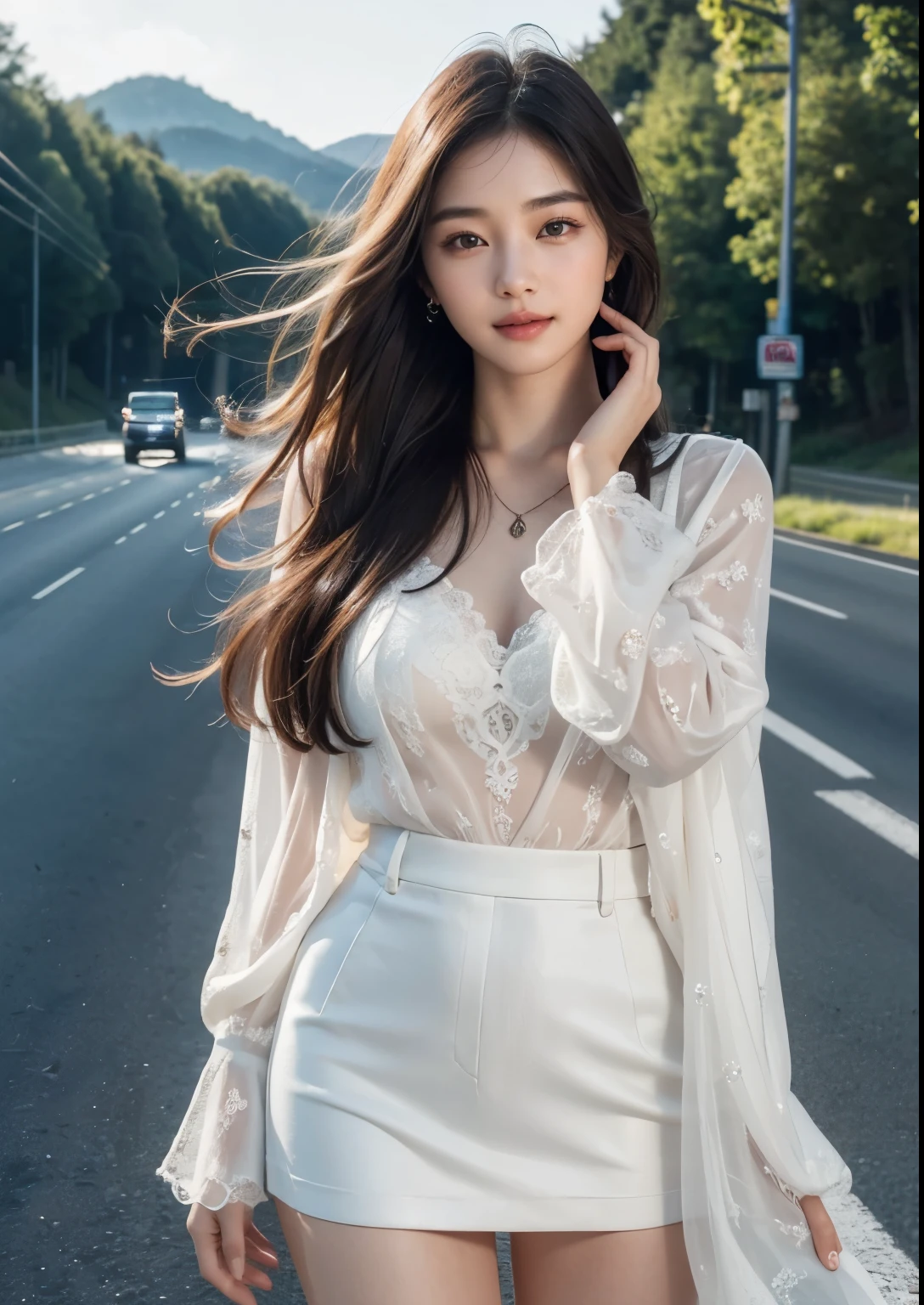 beautiful detailed Korean girl, 18 years youngest girl, beautiful detailed eyes, beautiful detailed lips, extremely detailed face and eyes, long eyelashes, delicate features, elegant pose, standing beside beautiful highway road, wide highway, flower trees beside highway, cinematic lighting, vibrant colors, photorealistic, 8k, (best quality,4k,8k,highres,masterpiece:1.2),ultra-detailed,(realistic,photorealistic,photo-realistic:1.37), UHD, beautiful face, realistic face, realistic skin, realistic smile, realistic atmosphere, every thing is realistic, cutest smile, realistic body, realistic body language, realistic hands, realistic arms, realistic hand fingers, realistic legs, standing beside highway, upper body shot, cute face, stylish look, stylish angles, ((remove extra hand)),