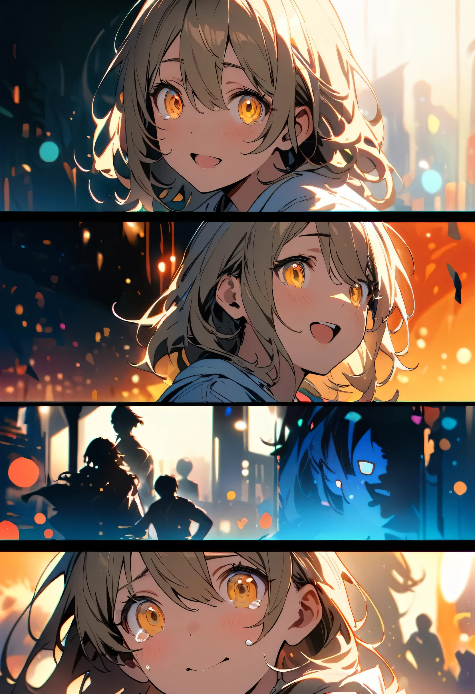 (highest quality,8k,High resolution, masterpiece:1.2), Super detailed, High resolution, 超High resolution, Studio Lighting, Ultra-fine painting, Sharp focus, Physically Based Rendering, Very detailed explanation, Professional, Vibrant colors, Bokeh, Portraiture, Concept Artist, Warm color palette, Frustrated pose、(((whole body)))、White shirt、Dramatic lighting, ((Yellow Eyes): 1.2), Well-formed eyes, Hair between the eyes, Bangs covering the eyes、I see yellow eyes with tears、Backlight, Multiple Exposure, Moving scenes,(Silhouette Art),Side view,Tears dance in the wind、Shining Eyes、Tears of joy rolling down my cheeks、Facial expressions that made me happy, including memories of bittersweet wins、Smile with all your might、Open your mouth wide and cry with joy、whole body、The moment of love fulfillment、shout