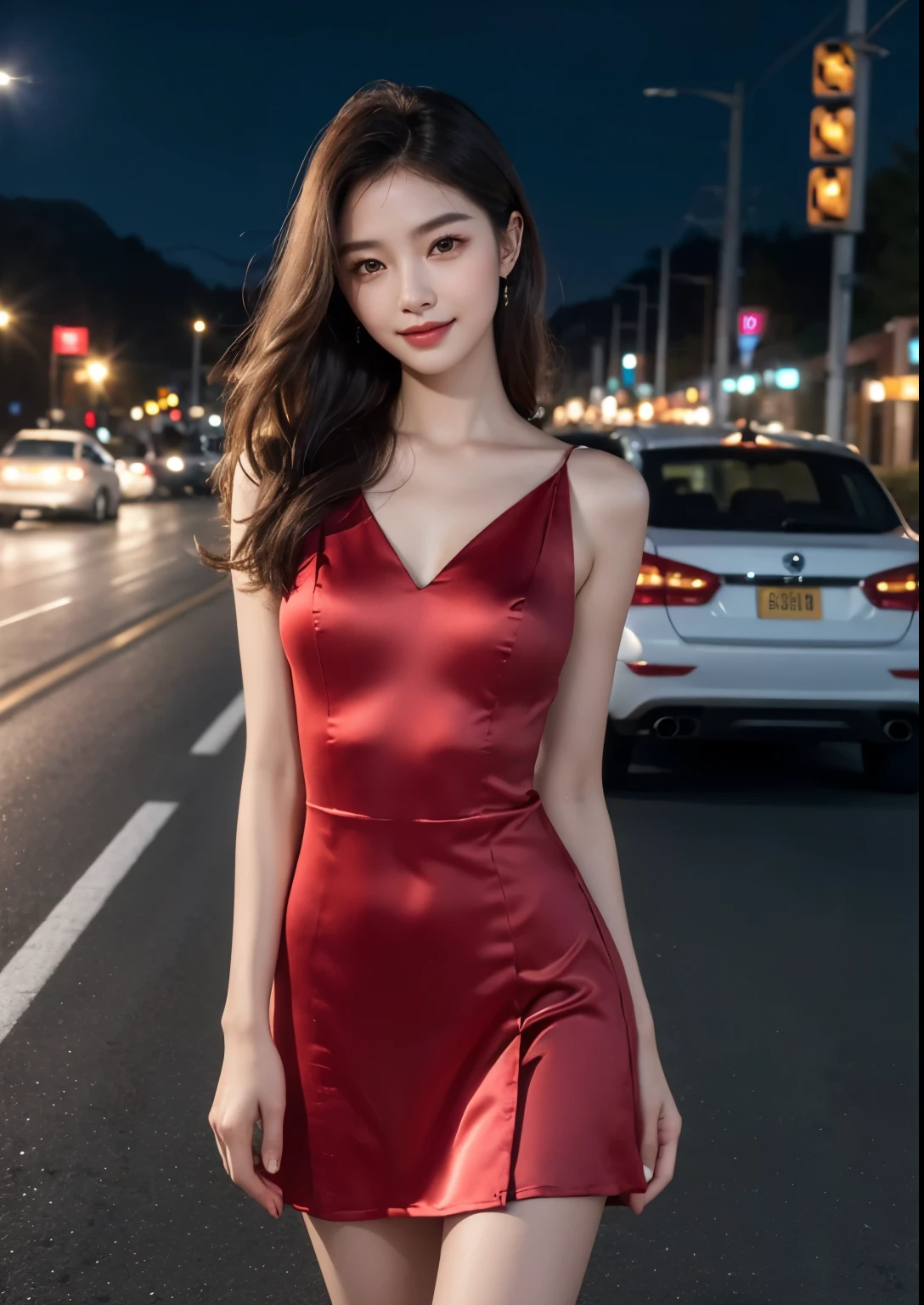 beautiful detailed Korean girl, 18 years youngest girl, beautiful detailed eyes, beautiful detailed lips, extremely detailed face and eyes, long eyelashes, delicate features, elegant pose, standing beside beautiful highway road, wide highway, flower trees beside highway, cinematic lighting, vibrant colors, photorealistic, 8k, (best quality,4k,8k,highres,masterpiece:1.2),ultra-detailed,(realistic,photorealistic,photo-realistic:1.37), UHD, beautiful face, realistic face, realistic skin, realistic smile, realistic atmosphere, every thing is realistic, cutest smile, realistic body, realistic body language, realistic hands, realistic arms, realistic hand fingers, realistic legs, standing beside highway, upper body shot, cute face, stylish look, stylish angles, ((silky satin red above knee length dress)),(smile:1.2), bright skin, cute, sweet,