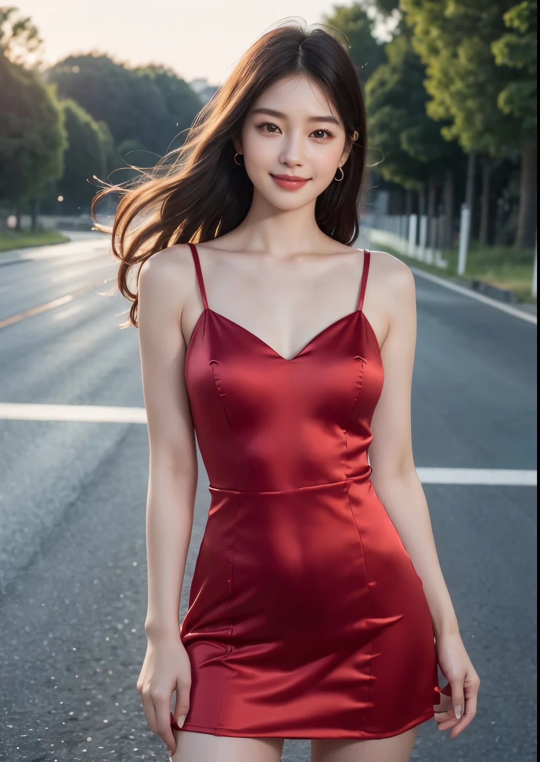 beautiful detailed Korean girl, 18 years youngest girl, beautiful detailed eyes, beautiful detailed lips, extremely detailed face and eyes, long eyelashes, delicate features, elegant pose, standing beside beautiful highway road, wide highway, flower trees beside highway, cinematic lighting, vibrant colors, photorealistic, 8k, (best quality,4k,8k,highres,masterpiece:1.2),ultra-detailed,(realistic,photorealistic,photo-realistic:1.37), UHD, beautiful face, realistic face, realistic skin, realistic smile, realistic atmosphere, every thing is realistic, cutest smile, realistic body, realistic body language, realistic hands, realistic arms, realistic hand fingers, realistic legs, standing beside highway, upper body shot, cute face, stylish look, stylish angles, ((silky satin red above knee length dress)),(smile:1.2), bright skin, cute, sweet,