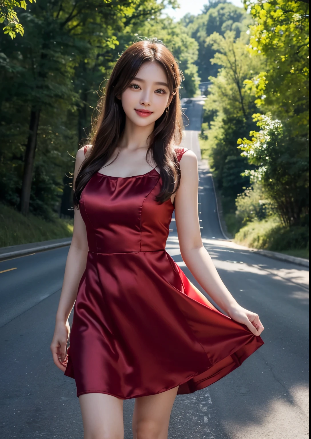 beautiful detailed Korean girl, 18 years youngest girl, beautiful detailed eyes, beautiful detailed lips, extremely detailed face and eyes, long eyelashes, delicate features, elegant pose, standing beside beautiful highway road, wide highway, flower trees beside highway, cinematic lighting, vibrant colors, photorealistic, 8k, (best quality,4k,8k,highres,masterpiece:1.2),ultra-detailed,(realistic,photorealistic,photo-realistic:1.37),  UHD, beautiful face, realistic face, realistic skin, realistic smile, realistic atmosphere, every thing is realistic, cutest smile, realistic body, realistic body language, realistic hands, realistic arms, realistic hand fingers, realistic legs, standing beside highway, upper body shot, cute face, stylish look, stylish angles, ((silky satin red above knee length dress)),(smile:1.2), bright skin, cute, sweet, 