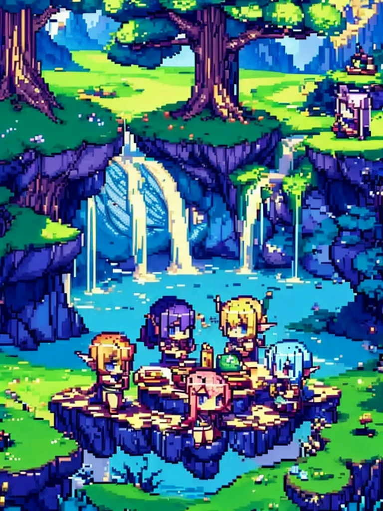 (many elves\((chibi:1.5),living daily life,eating food,washing clothes,talking each other,living on Yggdrasil\)),background\(Yggdrasil\(very huge tree,elf settlement\),forrest,beautiful lake around Yggdrasil\), BREAK ,quality\(8k,wallpaper of extremely detailed CG unit, ​masterpiece,hight resolution,top-quality,top-quality real texture skin,hyper realisitic,increase the resolution,RAW photos,best qualtiy,highly detailed,the wallpaper,cinematic lighting,ray trace,golden ratio\),isometric view,(pixel:1.4)