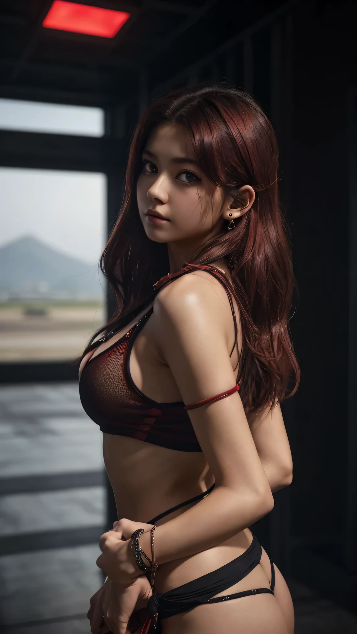 Highest quality、Highest quality、Masterpiece、girl((half、18-year-old、as soon as、Highest Bust、Medium Bust、Wide open chest、Red glowing eyes、Black Ear、Red Mesh、Disheveled Hair、Loincloth、thin、The best valley、Open chest、hair ornaments、Full body view、short trousers、shortTshirt、Random Pause))、high quality、Beautiful Art、background((military base))、flight、Flying Debris、Depth of text、movie、Visual Arts、Perfect Art、8K、Genuine、Special Angles