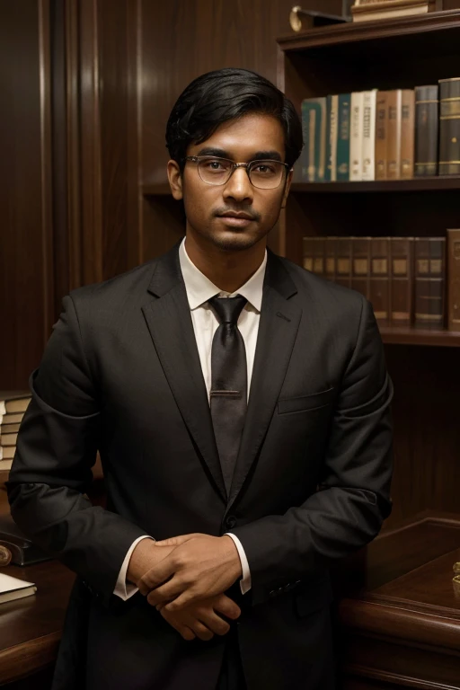 26 year old indian Advocate man With fair skin Wearing spectacles, Black cort and white shirt and cubby body. The background features a variety of law books and a courtroom setting, symbolizing his commitment to the legal profession. There is a sense of hope and ambition in the atmosphere, reflecting the advocate's bright future.Posing for a linkedin picture in formals.