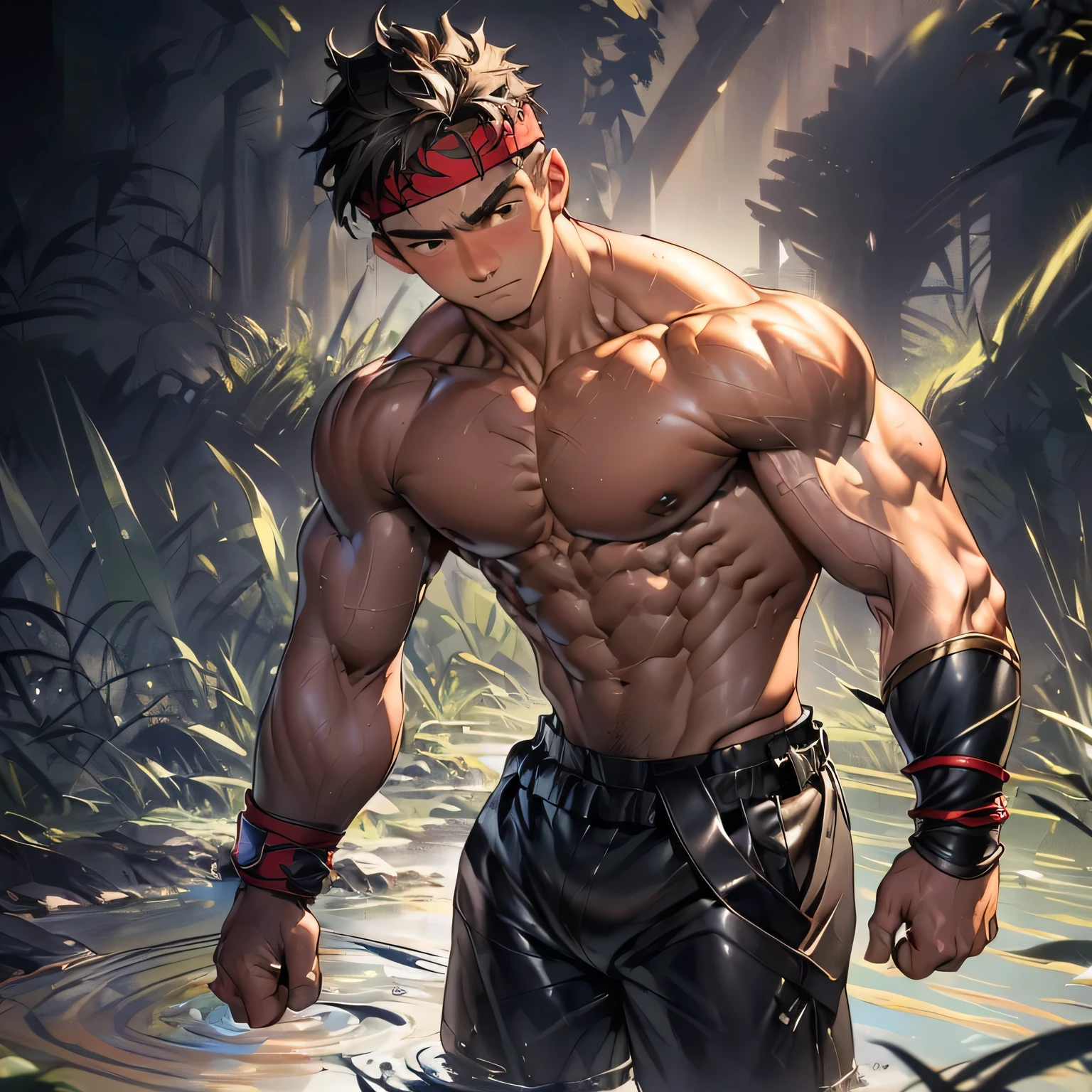 (Masterpiece, Best quality 19 year old boy, black background, cowboy shot), solo, Young, boy, muscler, Shirtless, topless, (Dark Short straight hair, under cut, brown eyes), (red headband, ((leather fingerless grobe, black wristband, simple shoulder leather armor))), Vivid colors, muscler!, muscler, muscler body, (aura power:1.4), detailed face, detailed muscle, (((A magical mystical aura, rippling muscles, fighting pose, struggle, chilling atmosphere, subtle color tones)))