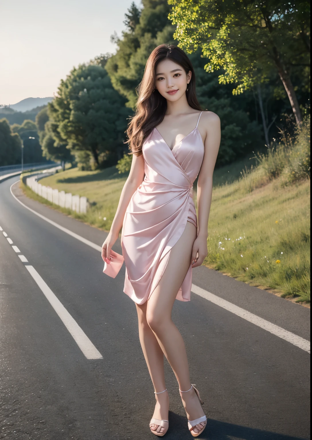 beautiful detailed Korean girl, 16 years youngest girl, beautiful detailed eyes, beautiful detailed lips, extremely detailed face and eyes, long eyelashes, delicate features, elegant pose, standing beside beautiful highway road, wide highway, flower trees beside highway, cinematic lighting, vibrant colors, photorealistic, 8k, (best quality,4k,8k,highres,masterpiece:1.2),ultra-detailed,(realistic,photorealistic,photo-realistic:1.37),  UHD, beautiful face, realistic face, realistic skin, realistic smile, realistic atmosphere, every thing is realistic, cutest smile, realistic body, realistic body language, realistic hands, realistic arms, realistic hand fingers, realistic legs, round young breasts, perfect body figure, standing beside highway, above ankle body shot, cute face, stylish look, stylish angles, ((silky satin pink above knee length dress)),(smile:1.2), bright skin, cute, sweet, one hand on hip another hand on chest pose, realistic pose