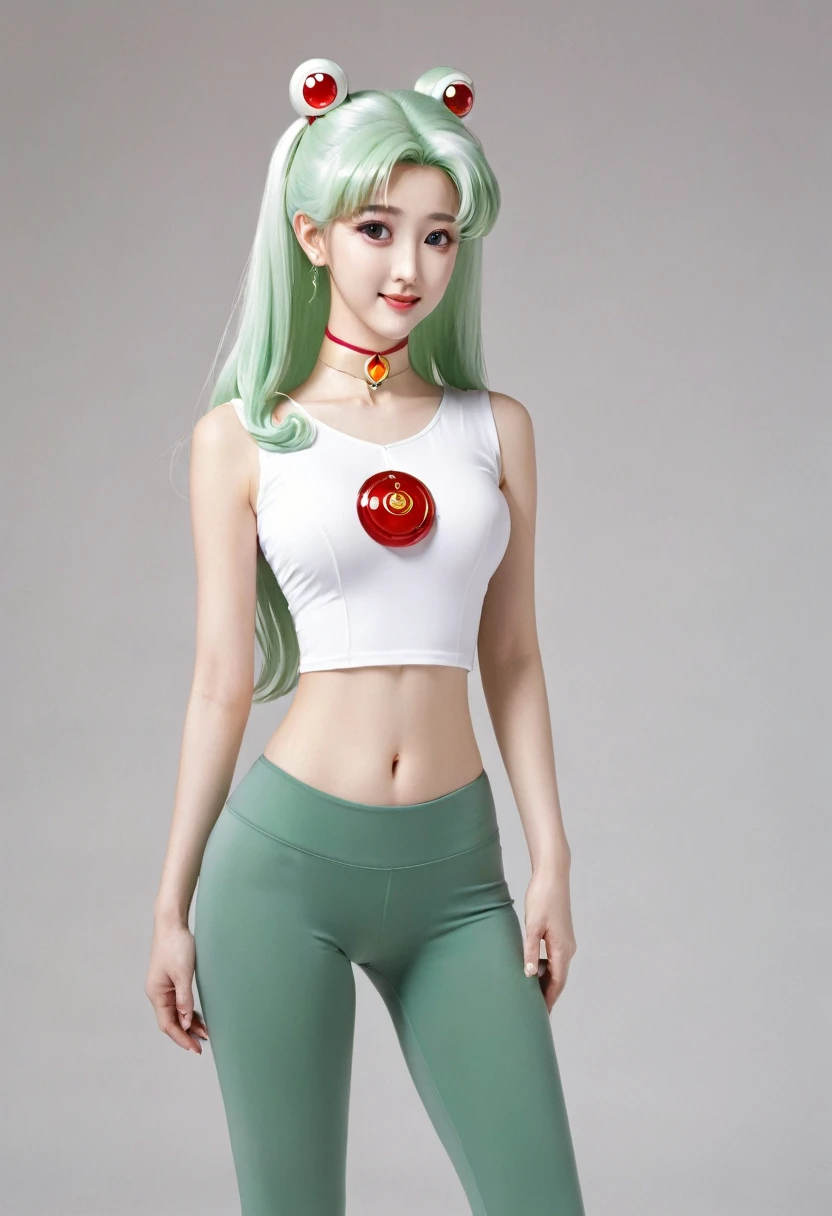 beautiful girl_Mori_sailor_moon, Practical， jade leggings, Solitary，jade hair，ruby，Anatomically correct, white jade skin ，Jade Set，Smile，beautiful，Camel toe，Blank Background ，Koi