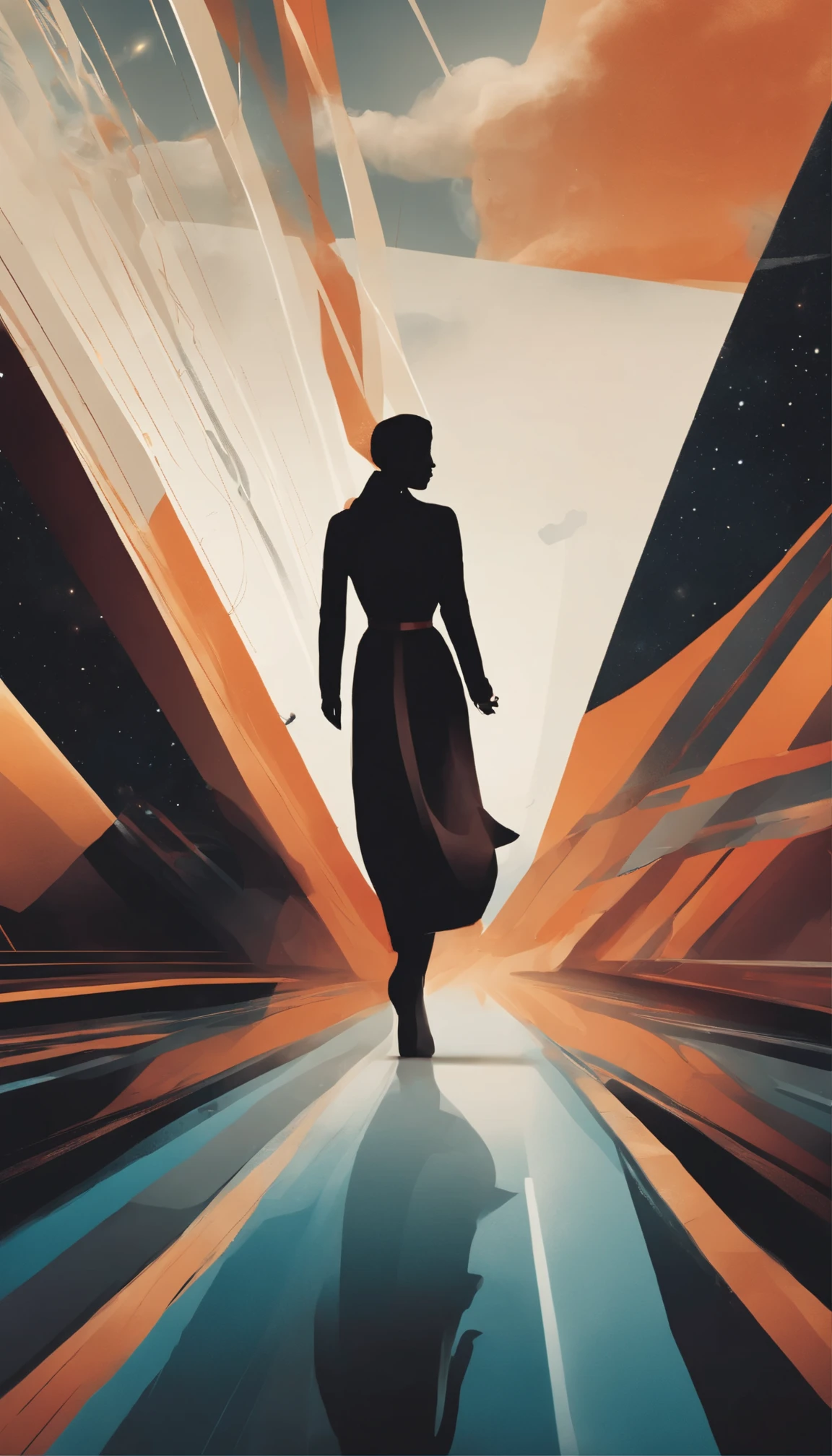 A magnificent space thriller:Fascinating Bauhaus-inspired poster in ultra-high resolution、Extravagant digital artwork、Detail-rich and a stunning abstract representation of intergalactic travel and exploration. Sharp, geometric shapes and lines、It exudes a sophisticated and futuristic design. Intricate and intriguing patterns that blend science fiction and contemporary art. Floating against a backdrop of vibrant colors and swirling nebulae.、A captivating female figure, with a minimalist and elegant silhouette and an air of enchantment and mystery, perfectly illuminated with dramatic directional lighting.、Highlight people and drawings