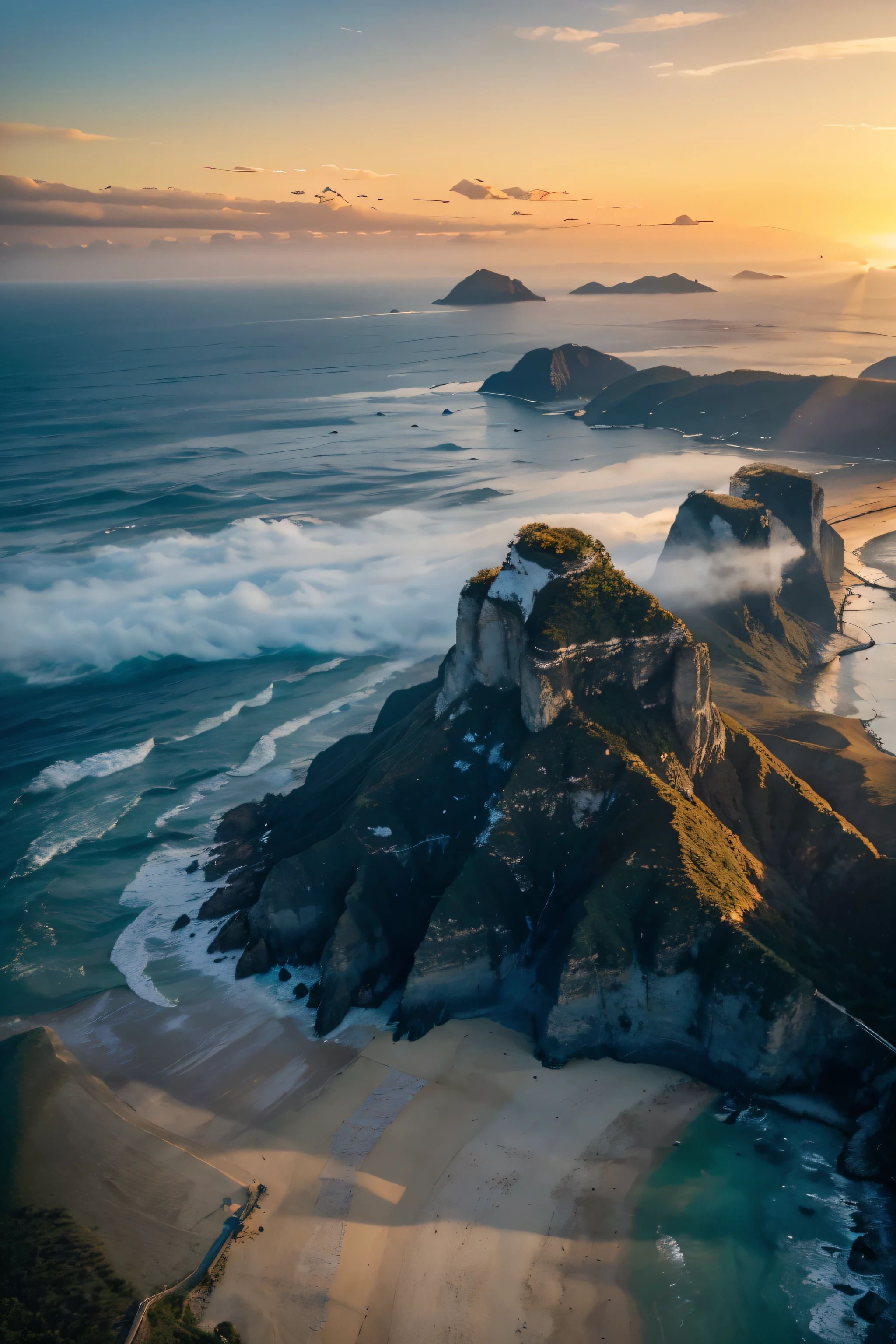 Create a breathtaking landscape featuring a pristine beach, the vast sea, and majestic mountains in the background. The beach should have soft, golden sand with a few scattered seashells and gentle waves lapping at the shore. The sea is a vibrant blue, sparkling under the sunlight, and extending to meet the horizon. In the distance, rugged mountains rise up, their peaks partially shrouded in mist, adding a sense of mystery and grandeur to the scene. The sky above is a brilliant mix of blue and orange hues, indicating either a serene sunrise or a tranquil sunset. A few fluffy clouds float lazily in the sky, and the overall atmosphere is peaceful and awe-inspiring.