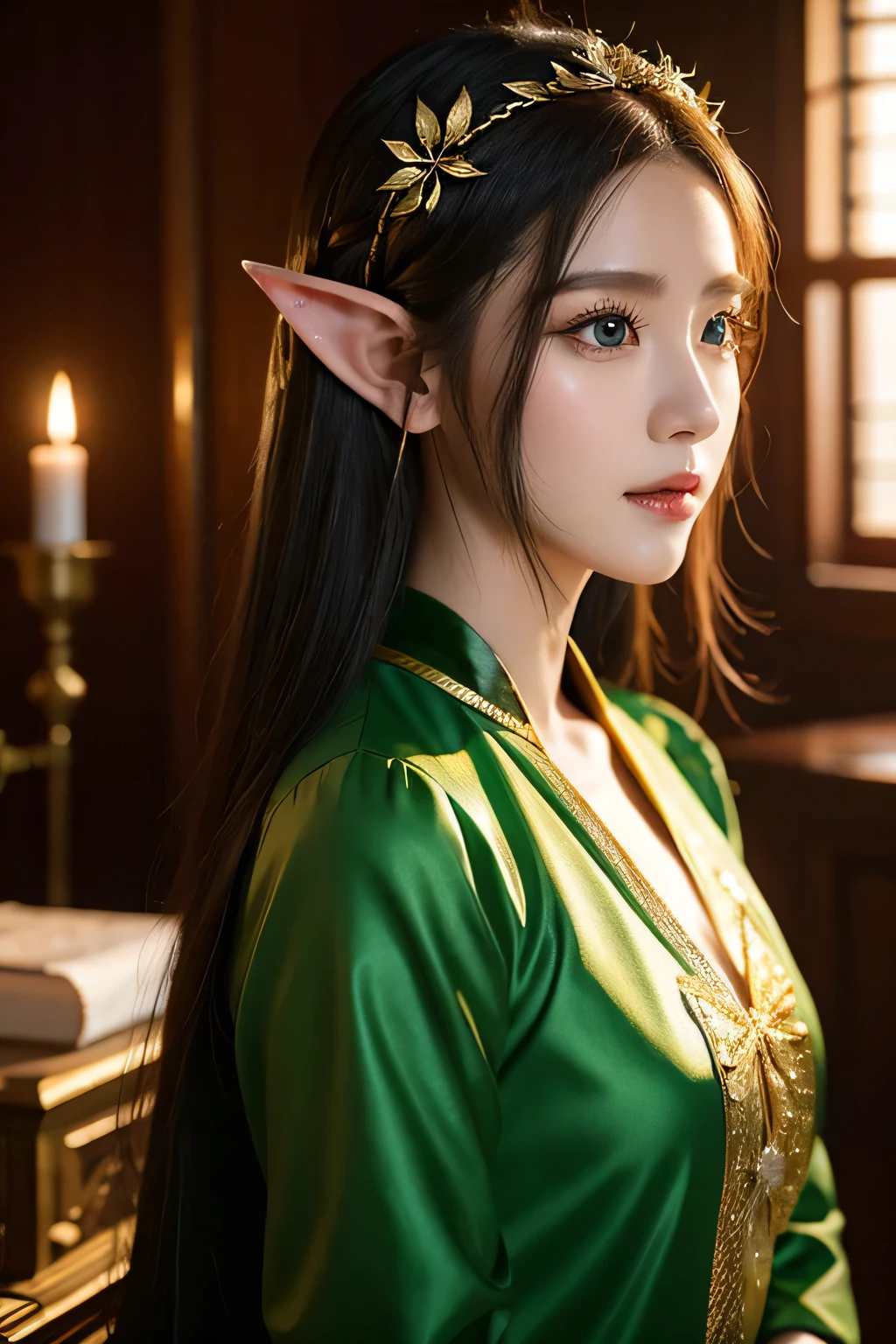 Elf,Close-up of blond Elf, Princess Elf, She has Elf ears and golden eyes, Elf princess, Elf, 金发Elf Queen, side portrait of Elf royalty, Elf Queen, beautiful Elf princess, Elf character with smirk, Fantasy stills, (((crazy))) Princess Elf, Elf Girl
