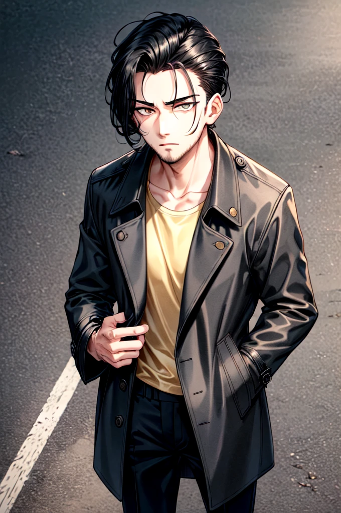 mature man, adult, (slick back hairstyle, short hair, black hair), (golden eyes, insomnia eyes, bags under eyes, sleepy eyes, sleep deprived), (toned face, sunken cheeks, wide jaw), closely trimmed beard, tall, fit body smug face, cocky expression, (golden eyes, side eyeing viewer), (long trench coat, black t-shirt, black pants), hands in trench coat, above view, sidewalk, morning, cowboy shot