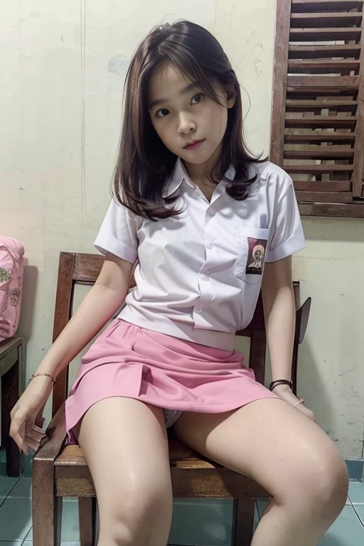 Indonesian face girl, wear skirt, Girl sitting on chair, open crossing leg, seeing pink panties on skirt, visible pink panties, using pink panties.