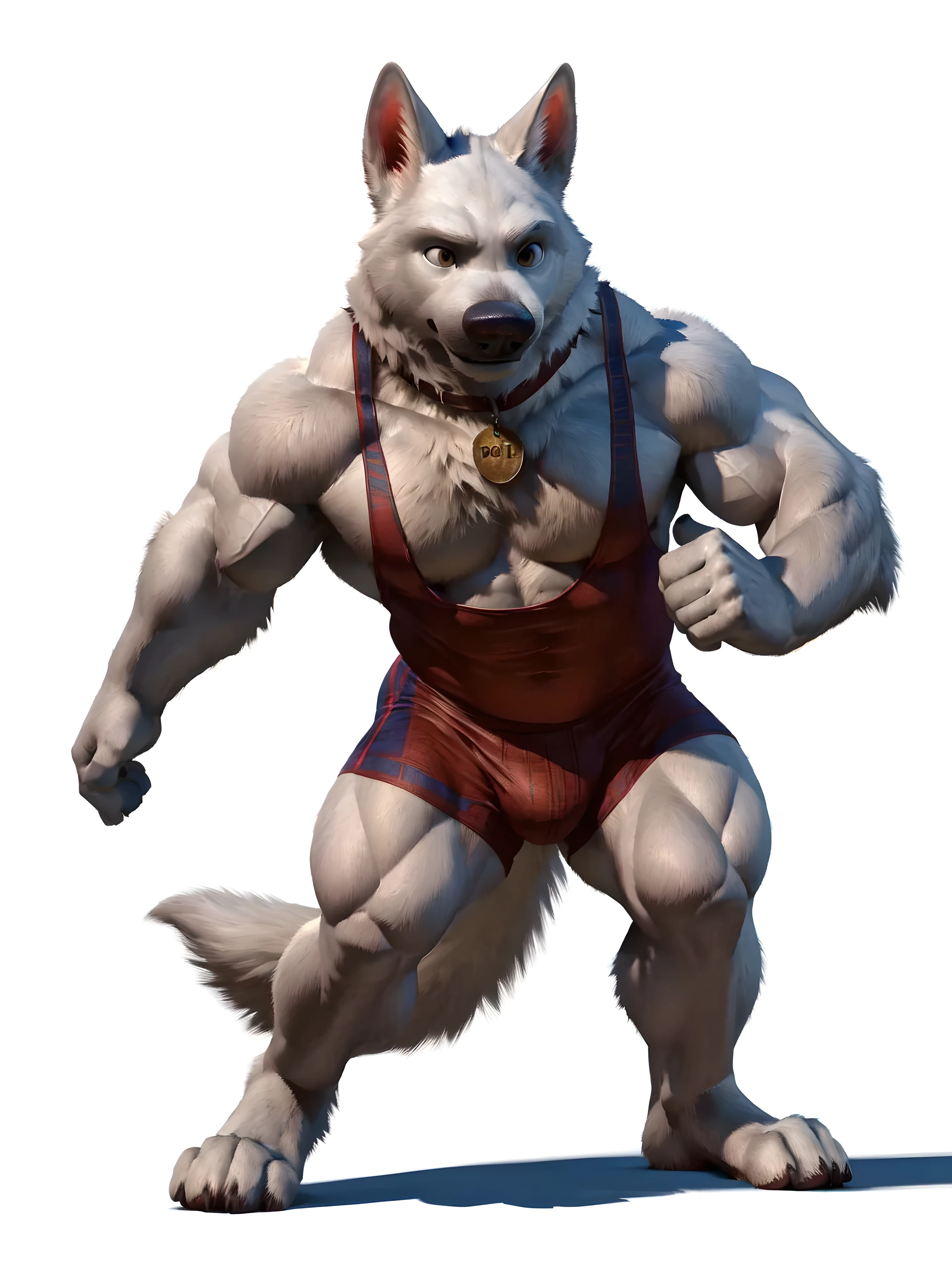 bolt the dog, adult, masculine, male, very muscular:1.5, muscles:1.5, strong chest, muscular shoulders, strong body, muscular neck, biceps, triceps, muscular thighs, calves, wide chest, taran fiddler style, virtyalfobo style, (no background, white background):1.3, detailed eyes, high quality, correct shadows, correct lighting, realistic lighting, detailed fur, realistic fur, high resolution, detailed, collar, full body, muscular arms, muscular legs, white fur, legs spread, wearing wrestling singlet, wrestling singlet, wolf feet, full body