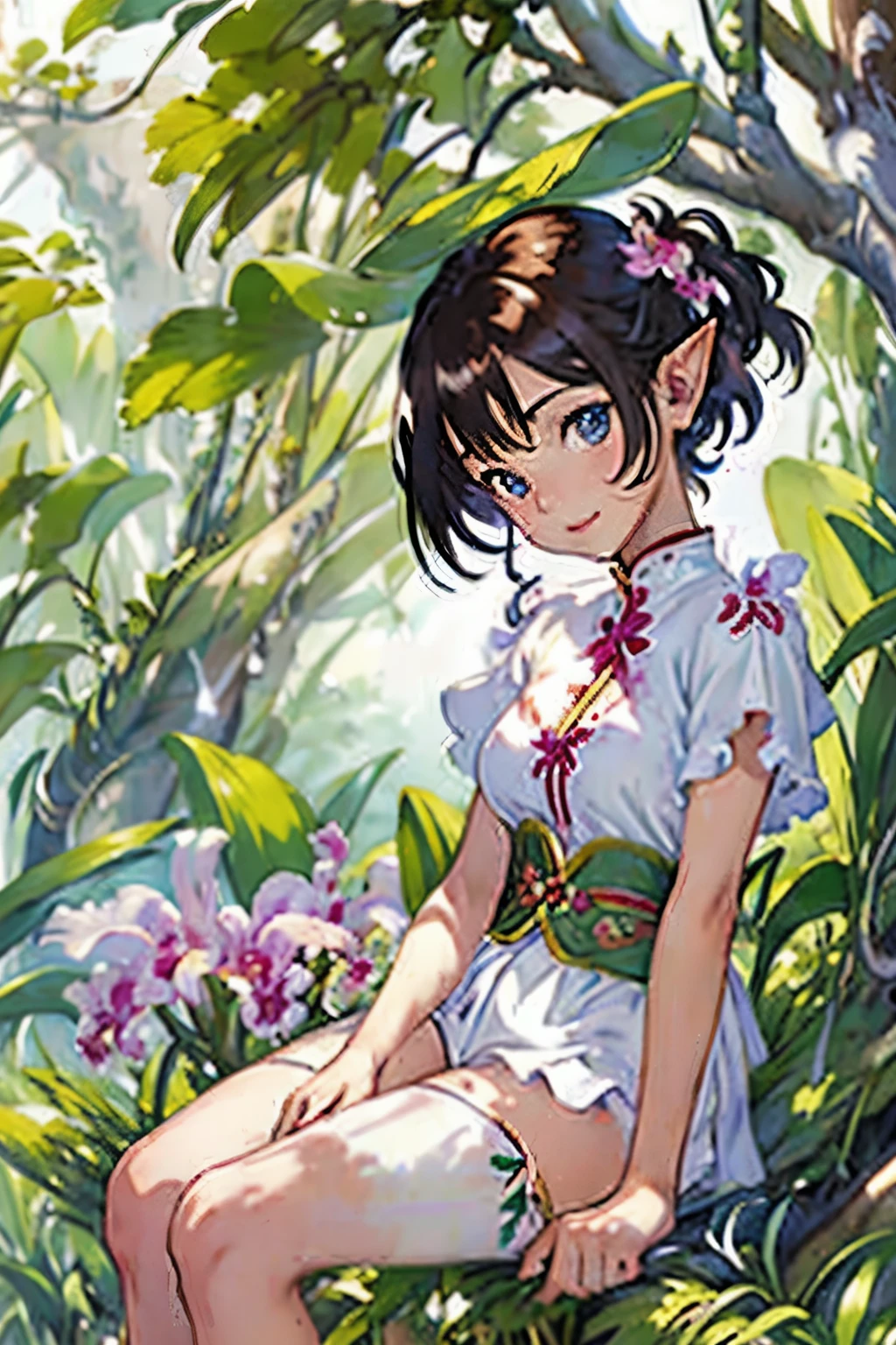 (highest quality、High resolution、masterpiece)、4K Anime Art、((Cattleya, Three Flowers, close, whole body, full bloom, ))、(Elf sitting on a tree branch、short hair、A kind smile、Small breasts)、Soft Focus、((Sargent-style watercolor))、((White Background))、(No background)、Blur the background、
