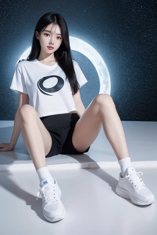 a chinese beautiful student girl, black long hair, white ankle socks, sneakers, athletic shorts, t-shirts, graceful legs, delicate feet.., UHD, masterpiece, super detail, high quality, best quality, highres, award winning, high details. White Moonlight