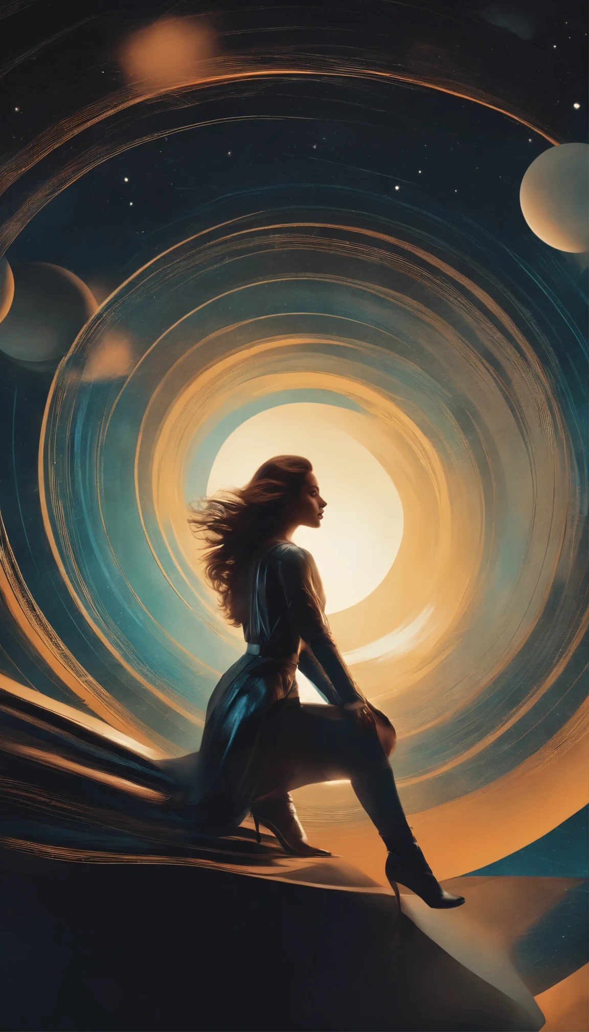 A magnificent space thriller:Fascinating Bauhaus-inspired poster in ultra-high resolution、Extravagant digital artwork、Detail-rich and a stunning abstract representation of intergalactic travel and exploration. Sharp, geometric shapes and lines、It exudes a sophisticated and futuristic design. Intricate and intriguing patterns that blend science fiction and contemporary art. Floating against a backdrop of vibrant colors and swirling nebulae.、A captivating female figure, with a minimalist and elegant silhouette and an air of enchantment and mystery, perfectly illuminated with dramatic directional lighting.、Highlight people and drawings
