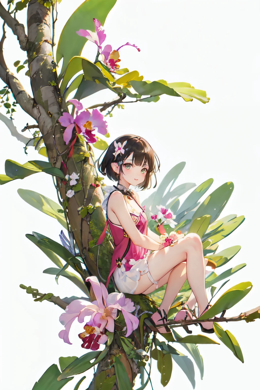 ((Cattleya, Three Flowers, close, whole body, ))、(Elf sitting on a tree branch、short hair、A kind smile、Small breasts)、Soft Focus、((Sargent-style watercolor))、((White Background))、(No background)、Blur the background、(highest quality、High resolution、masterpiece)、4K Anime Art、
