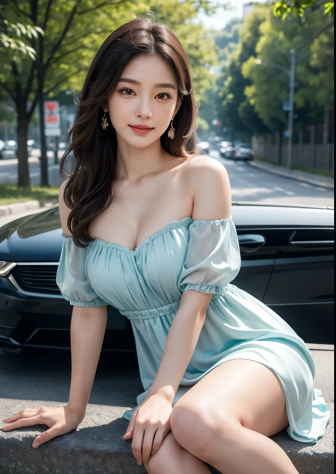 beautiful detailed Korean girl, 16 years youngest girl, beautiful detailed eyes, beautiful detailed lips, extremely detailed face and eyes, long eyelashes, delicate features, elegant pose, standing beside beautiful highway road, wide highway, flower trees beside highway, cinematic lighting, vibrant colors, photorealistic, 8k, (best quality,4k,8k,highres,masterpiece:1.2),ultra-detailed,(realistic,photorealistic,photo-realistic:1.37),  UHD, beautiful face, realistic face, realistic skin, realistic smile, realistic atmosphere, every thing is realistic, cutest smile, realistic body, realistic body language, realistic hands, realistic arms, realistic hand fingers, realistic legs, round young breasts, perfect body figure, sitting on highway, above ankle body shot, cute face, stylish look, stylish angles, ((silky seafoam colour above knee length sweetheart dress)),(smile:1.2), bright skin, cute, sweet, ((one hand on hair)), realistic pose, vivid,