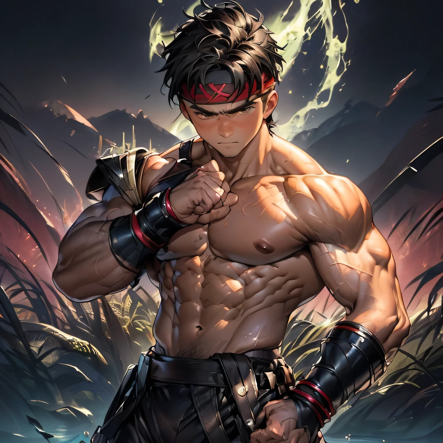 (Masterpiece, Best quality 19 year old boy, black background, cowboy shot), solo, Young, boy, muscler, Shirtless, topless, (Dark Short straight hair, under cut, brown eyes), (red headband, ((leather fingerless grobe, black wristband, simple shoulder leather armor))), Vivid colors, muscler!, muscler, muscler body, (aura power:1.4), detailed face, detailed muscle, (((A magical mystical aura, rippling muscles, fighting pose, struggle, chilling atmosphere, subtle color tones)))