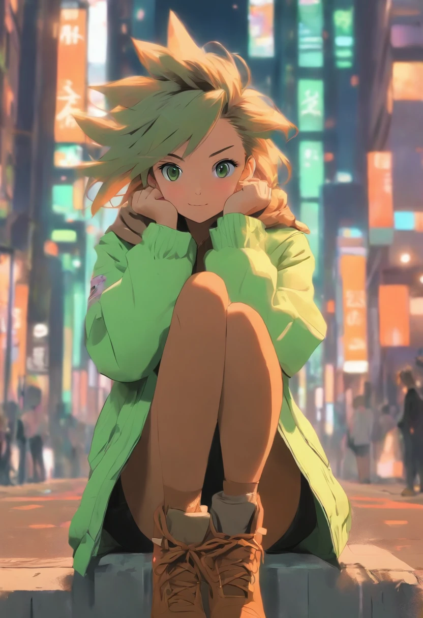 "A young girl sitting on the street in an anime style, with simple line art and soft pastel colors. She is wearing a green jacket and brown boots. The background shows an urban setting with tall buildings. The overall mood is calm and cheerful."
