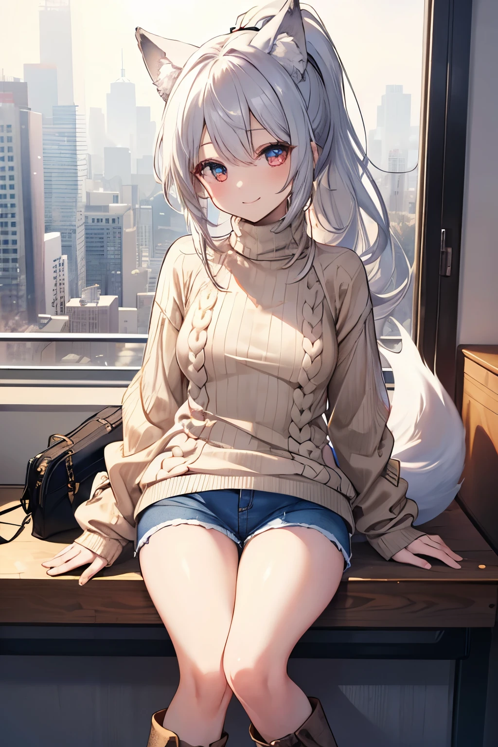 Silver Hair、Red Eye、Fox Ears、girl、Small breasts、ponytail、girl、Small breasts、Lolita、Bright smile、Looks about 15 years old、Petan Musume、short、目のhighlight、Sexy thighs、(Long knit sweater with beige high neck:1.4), ,(Blue jeans fabric shorts),(Black boots)、(Small Black Enamel Bag)、Your eyes are so beautiful、highlight