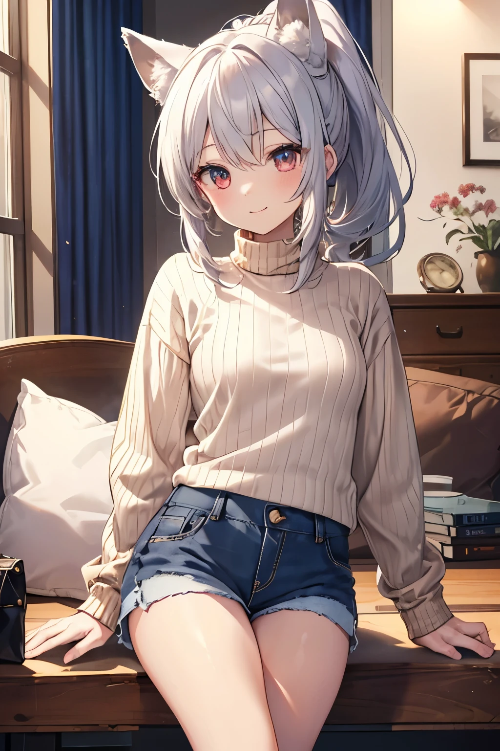 Silver Hair、Red Eye、Fox Ears、girl、Small breasts、ponytail、girl、Small breasts、Lolita、Bright smile、Looks about 、Petan Musume、short、目のhighlight、Sexy thighs、(Long knit sweater with beige high neck:1.4), ,(Blue jeans fabric shorts),(Black boots)、(Small Black Enamel Bag)、Your eyes are so beautiful、highlight