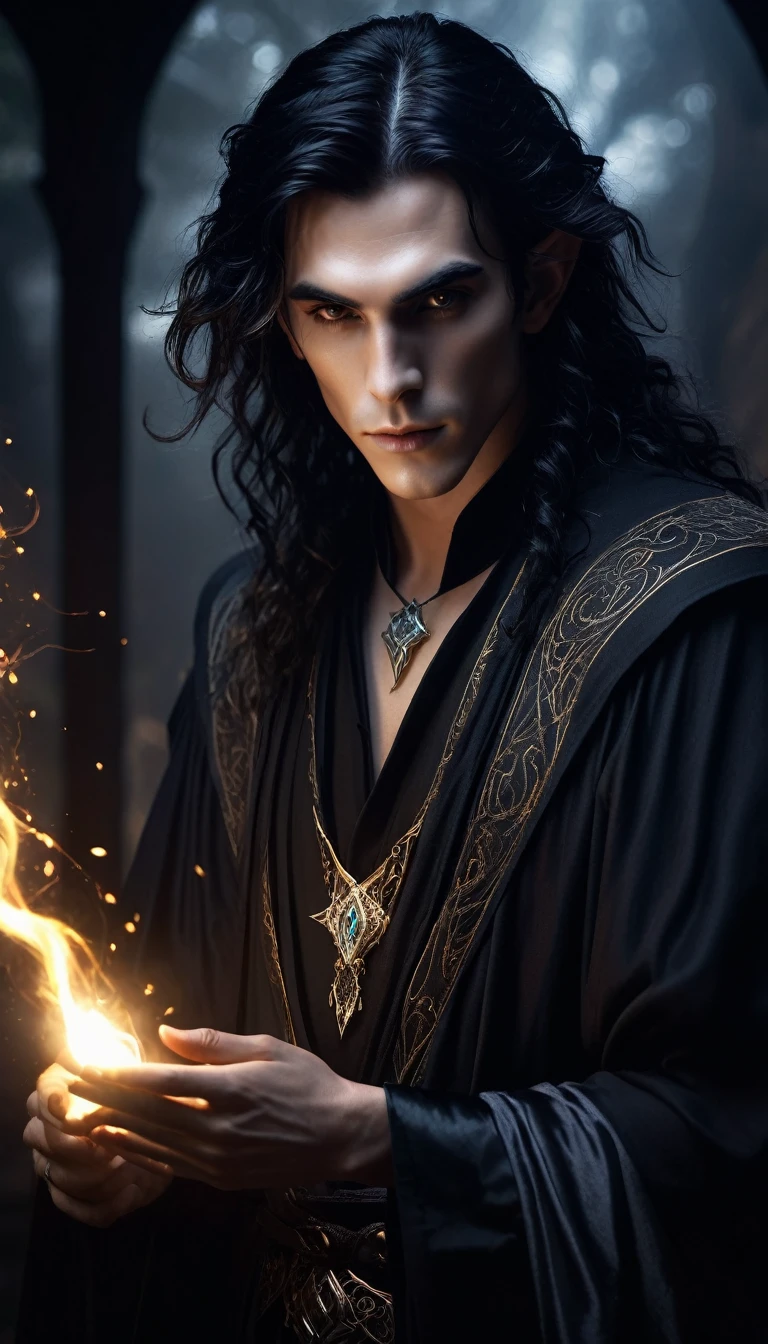 (cowboy shot),1 dark male elf sorcerer, intricate detailed facial features, piercing eyes, delicate porcelain skin, slightly visible elf ears, flowing raven hair, elegant long black robe, dark fantasy magic, glowing runes, magic from hands, (sprkles, lightning, fire) from hands, ethereal aura, moody dramatic lighting, dark atmospheric setting, chiaroscuro lighting, cinematic composition, masterpiece, (best quality,4k,8k,highres,masterpiece:1.2),ultra-detailed,(realistic,photorealistic,photo-realistic:1.37),dramatic lighting,cinematic composition,fantasy art