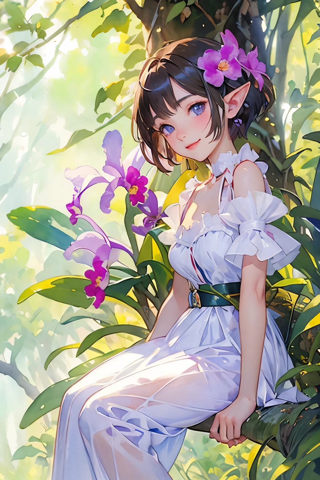 ((Cattleya, Three Flowers, close, whole body, ))、(Elf sitting on a tree branch、short hair、A kind smile、Small breasts)、Soft Focus、((Sargent-style watercolor))、((White Background))、(No background)、Blur the background、(highest quality、High resolution、masterpiece)、4K Anime Art、
