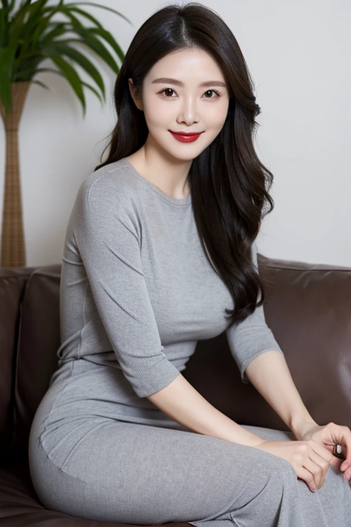 Draw lips correctly, red lipstick, from chest up, best quality, Super detailed, lifelike, Super fine skin, perfect anatomy, (1 Japanese Mature Woman), (alone),Wearing a gray crew neck sweater dress,short sleeve,wavy long hair,24 year old female,Mature,charming smile,indoor background:sofa standing,Slightly fat(1.2),Big breasts(1.2),full-body shot。