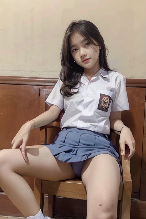 Indonesian face girl, wear skirt, Girl sitting on chair, open crossing leg to front, seeing panties on skirt, visible panties, using panties.