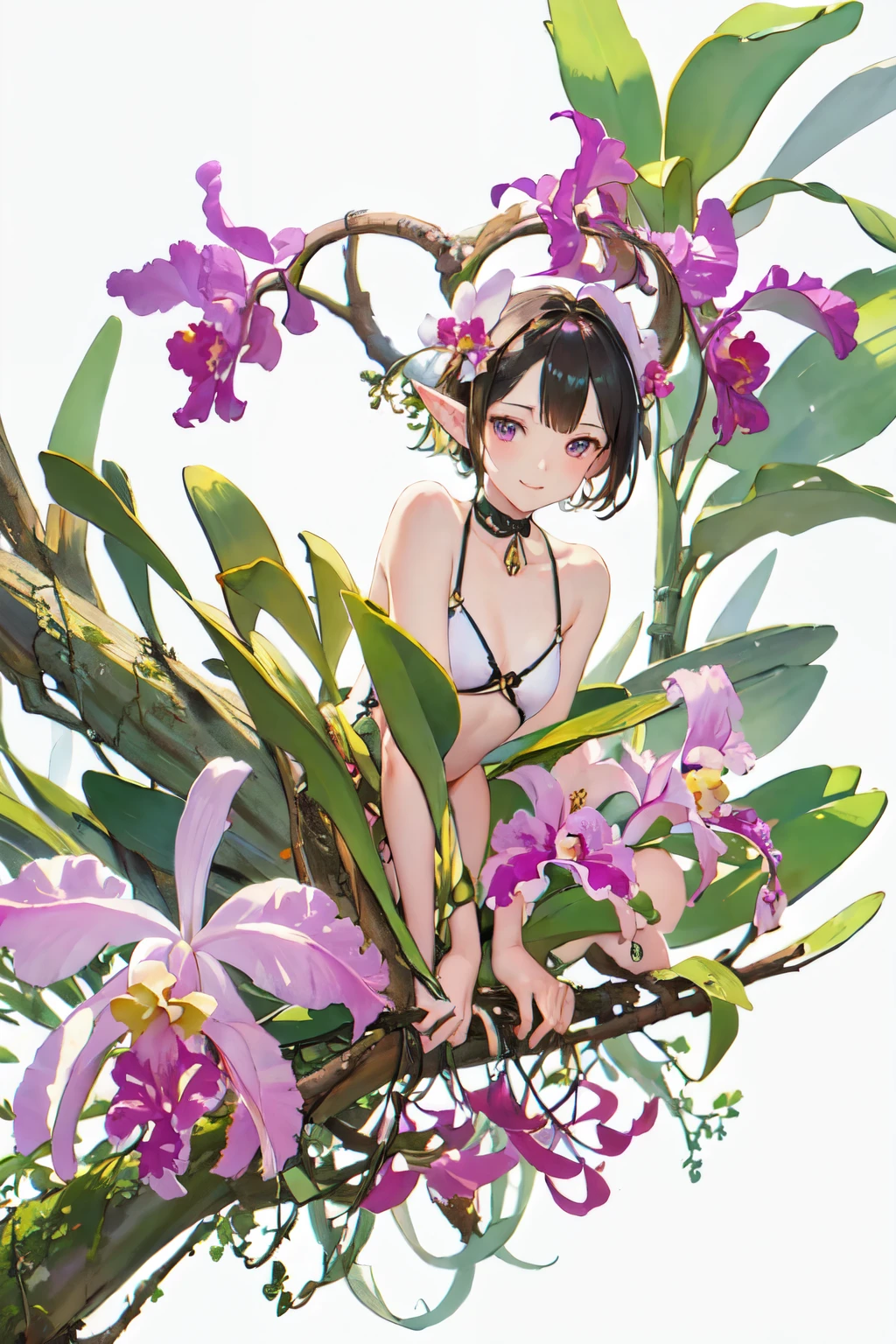 ((Cattleya, Three Flowers, close, whole body, ))、(Elf sitting on a tree branch、short hair、A kind smile、Small breasts)、Soft Focus、((Sargent-style watercolor))、((White Background))、(No background)、Blur the background、(highest quality、High resolution、masterpiece)、4K Anime Art、
