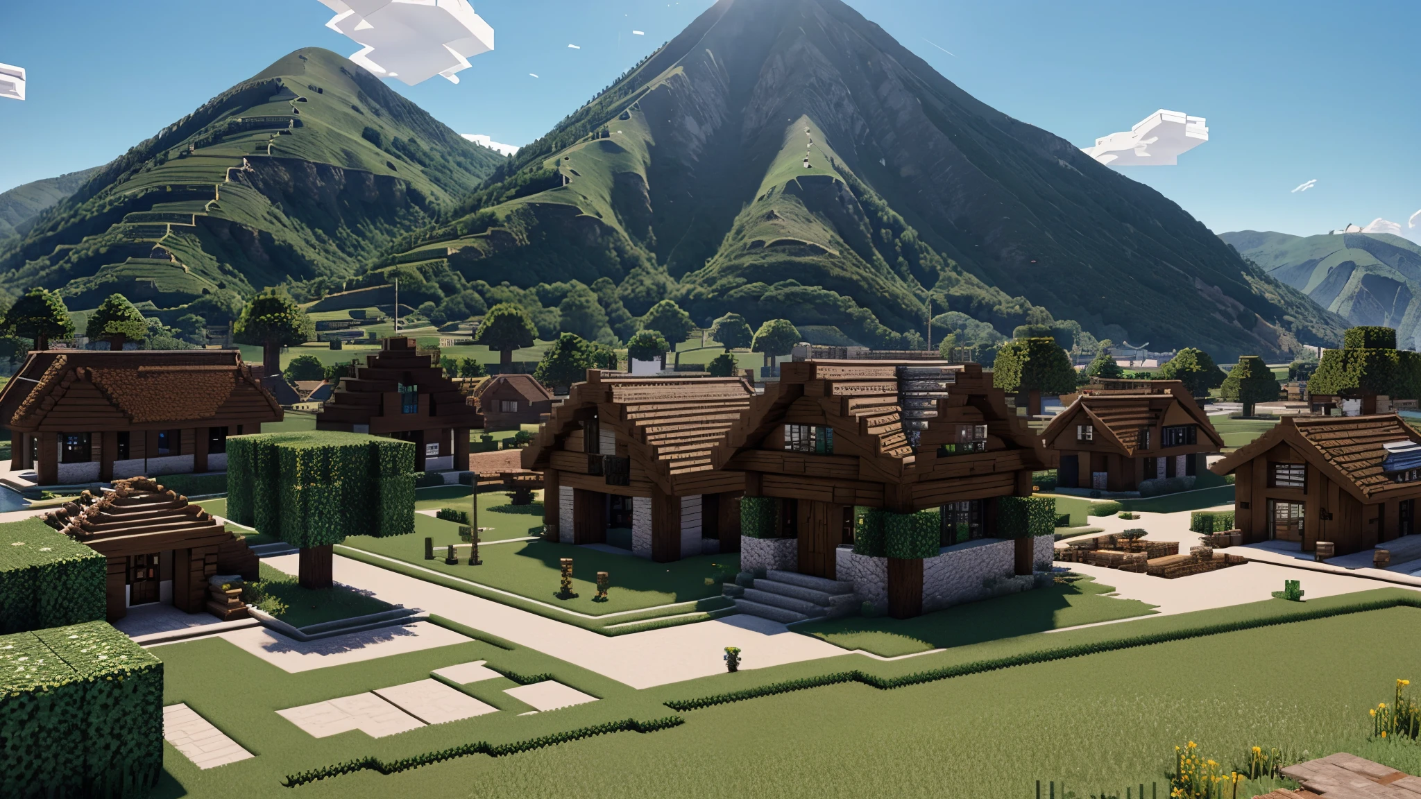 minecraft village landscape on a sunny day with realistic textures