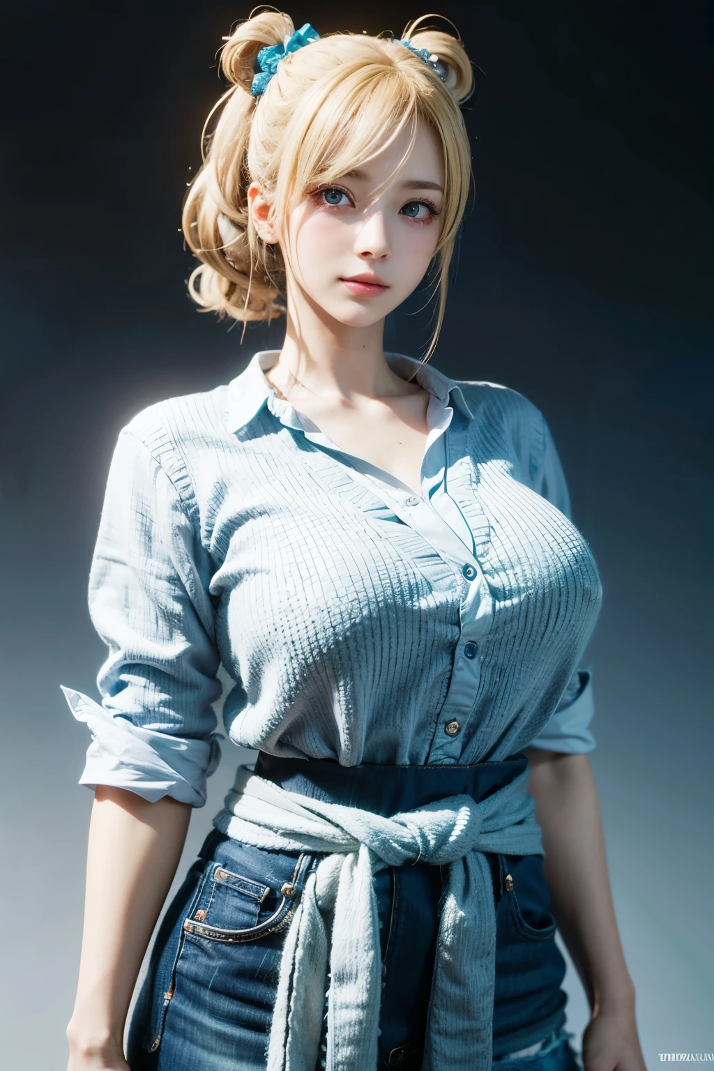 1girl , Double buns haircut, hair bow,-,
(realistic, photo-realistic:1.37),(8k, RAW photo, best quality, masterpiece:1.2), cute, ultra-detailed,heart-shaped pupils,physically-based rendering, ultra high res, looking at viewer,photorealistic,realistic, solo, photorealistic, best quality,extremely detailed face,extremely detailed eyes and face, beautiful detailed eyes,absurdres, incredibly absurdres,haunting smile,childish looks, best quality, masterpiece, portrait, a photography of a beautiful girl, detailed face,  pov, (((depth of field))), pale and lustrous skin, (medium breasts), neon glow, random background,  AiHayasakaV4, 1girl, solo, breasts, looking at viewer, blush, blue eyes, blonde hair, simple background, shirt, hair ornament, white background, hair between eyes, , white shirt, nail polish, side ponytail, v, scrunchie, hair scrunchie, blue nails, clothes around waist, blue scrunchie, shuuchiin academy 