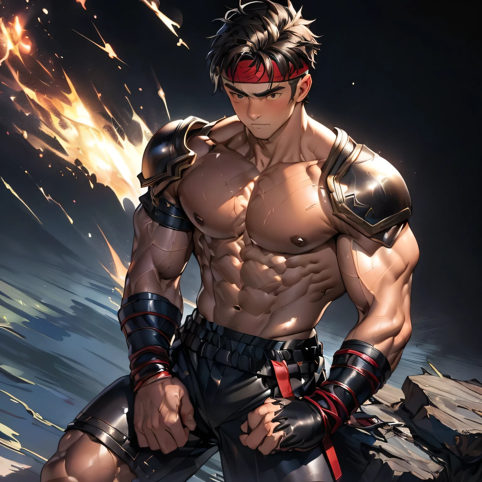 (Masterpiece, Best quality 19 year old boy, black background, cowboy shot), solo, Young, boy, muscler, Shirtless, topless, (Dark Short straight hair, under cut, brown eyes), (red headband, ((leather fingerless grobe, black wristband, simple shoulder leather armor))), Vivid colors, muscler!, muscler, muscler body, (aura power:1.4), detailed face, detailed muscle, (((A magical mystical aura, rippling muscles, fighting pose, struggle, combats, chilling atmosphere, subtle color tones)))