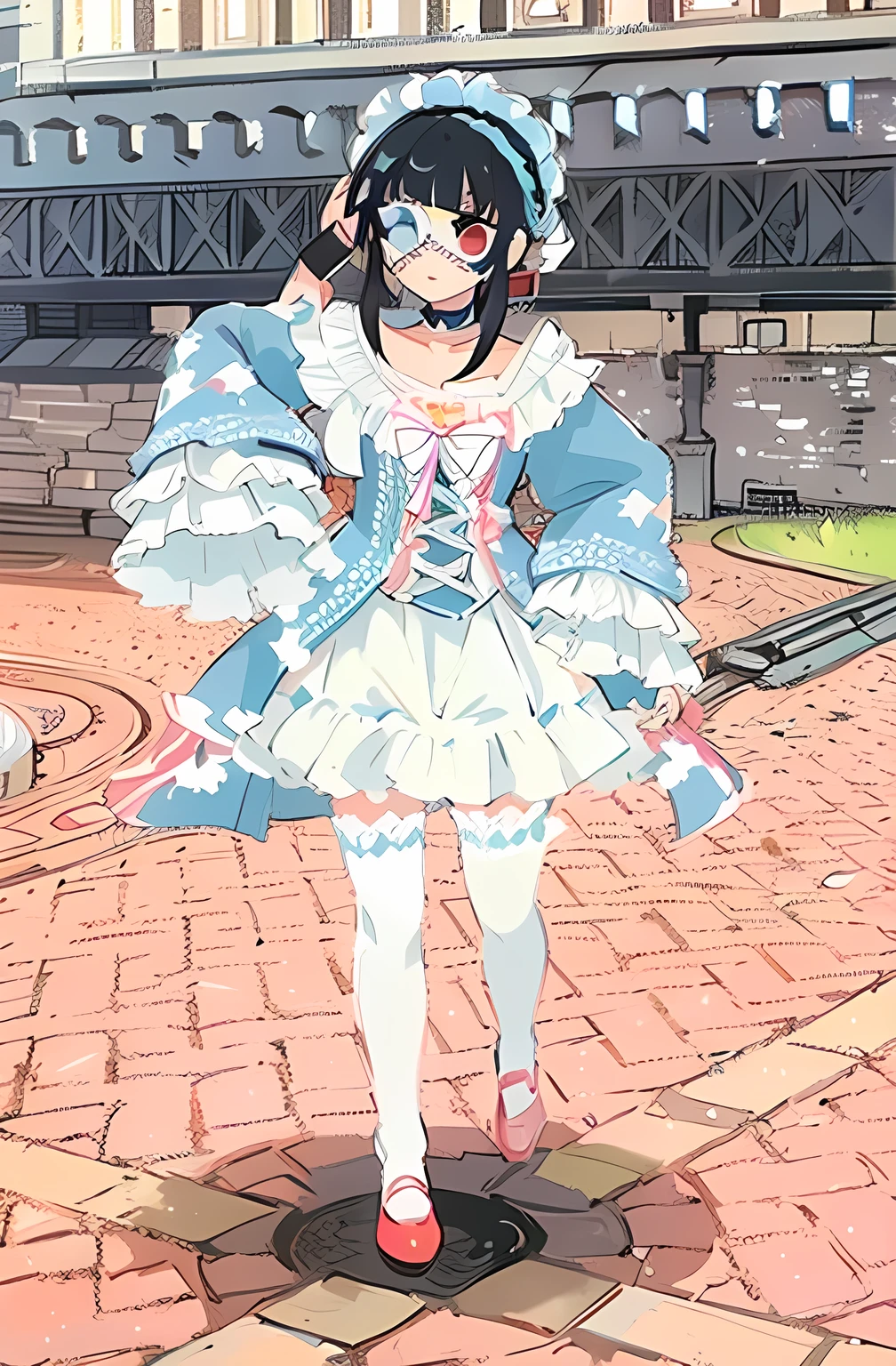 a girl in blue and white dress, solo, black hair, girl, eyepatch, red eyes, thighhighs, ta fashion, long hair,