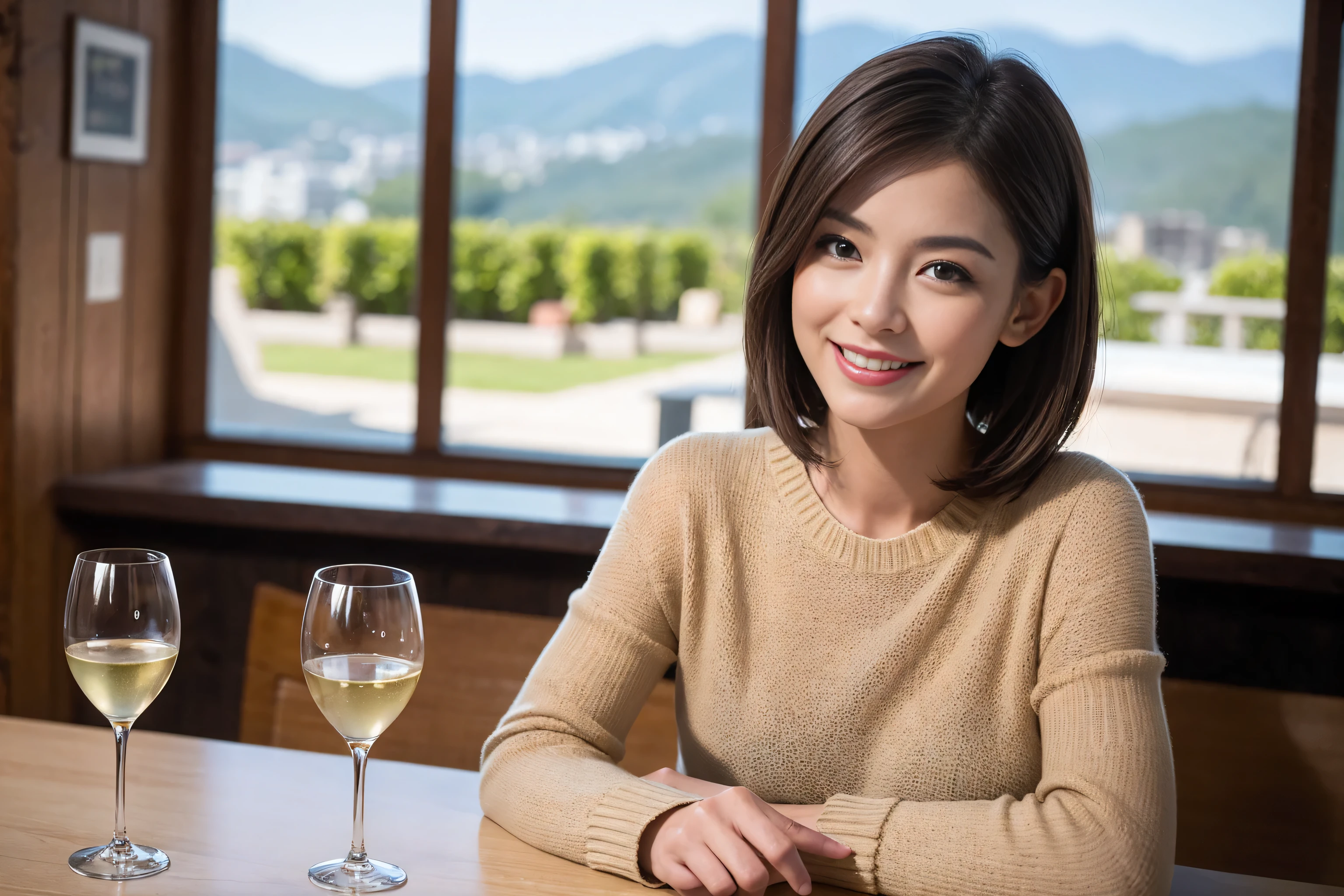 ((highest quality、8k、masterpiece:1.3))、1 male、1 woman who resembles Satomi Ishihara、Couple、Spouse、Couple、The body is slim、((Bob Hale、Straight hair:1.2)), (Realistic, Intricate details:1.2), Wine glass on the table、Put the light on your face、 Amazing view of the sunset sky and clouds、Amazing mountain views、A bright smile、The wonderfulness of smile、Bright image、The beauty of wine, Beautiful Face, blue eyes, The light shines on your face, Blushing, short hair,Bright Face、 (Age 42), 39 years old, red wine 、Appetizers、Italian food、Wine bottle、Champagne、sparkling wine、Two beauties、Brown Hair、Shortcuts、Long sleeve shirt、dress、Pretty Woman 1, (Slim face), (The body is slim), (Brown Hair), (Shortcuts), cheeks turn a little red,Attractive beauty、restaurant, In a prominent place (From the waist up) Nova Frog Style, actress, model, Upper Body, White wine, slim, wine glass, A wine glass placed in the center, smile, (smile: 1.15), Beautiful fine grain, Depth f/2,saturation, High Contrast, Strong light and shadow,Moist Body:1.5、3D texture、Delicate eyes、Brown Hair、The hair is very shiny、