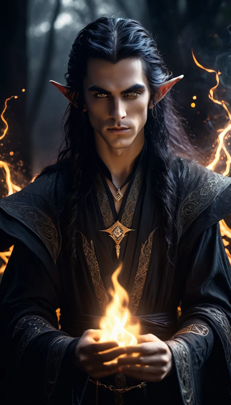 (cowboy shot),1 dark male elf sorcerer, intricate detailed facial features, piercing eyes, delicate porcelain skin, slightly visible elf ears, flowing raven hair, elegant long black robe, dark fantasy magic, glowing runes, magic from hands, (sprkles, lightning, fire) from hands, casts a spell on an opponent, ethereal aura, moody dramatic lighting, dark atmospheric setting, chiaroscuro lighting, cinematic composition, masterpiece, (best quality,4k,8k,highres,masterpiece:1.2),ultra-detailed,(realistic,photorealistic,photo-realistic:1.37),dramatic lighting,cinematic composition,fantasy art