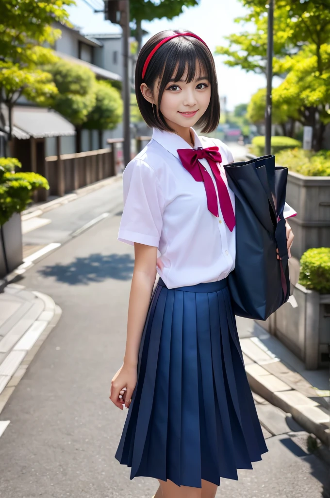 high quality, 1 girl, Full Body Shot, Young and beautiful Japan woman, Long Bob Hair, morning、Walking the streets with a smile, Gorgeous appearance, Wearing a short-sleeved white collared silk shirt and a plain shiny red satin bow tie, Wearing a dark blue pleated long skirt, He is wearing white wireless headphones on his head., shoulder tote bag, Very cute face, Glossy lips, Double eyelids on both eyes, Natural Makeup,Black Hair , Asymmetrical bangs,  In the classroom, Portraiture, High resolution, High detail, Detailed hairstyle, Detailed face, Great cinema lighting,  Vibrant, Surreal, Perfect limbs, Perfect Anatomy